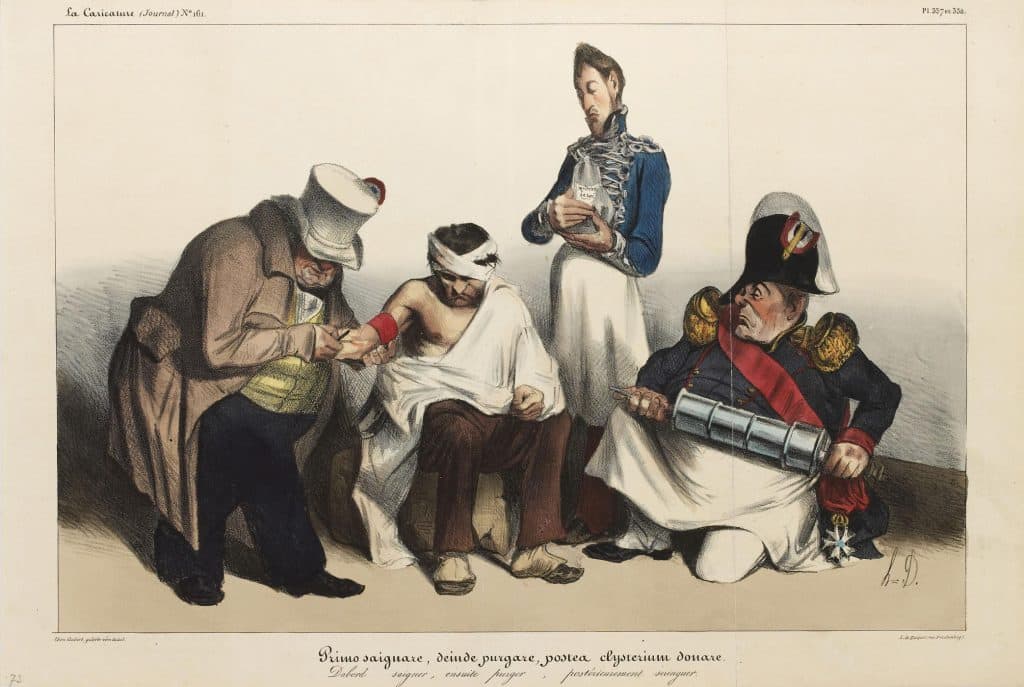 Daumier – Primo saignare, deinde purgare, postea clysterium donare (Louis Philippe et le postillon blessé)