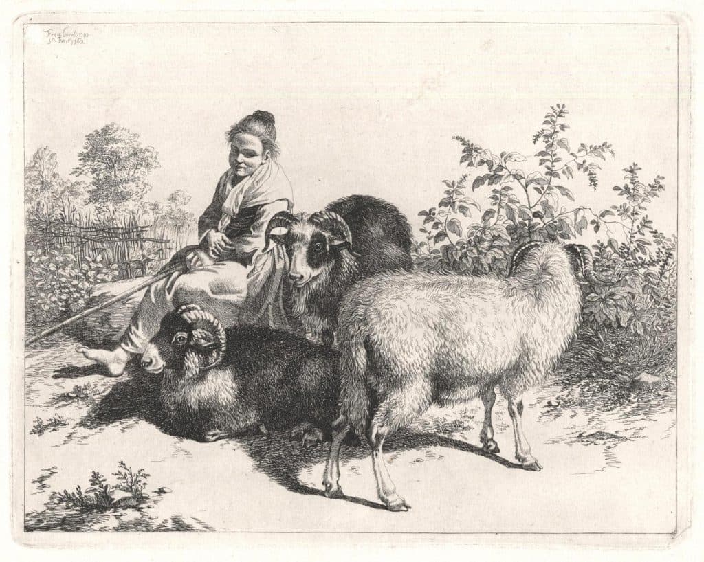 Londonio – Bergère assise avec trois moutons