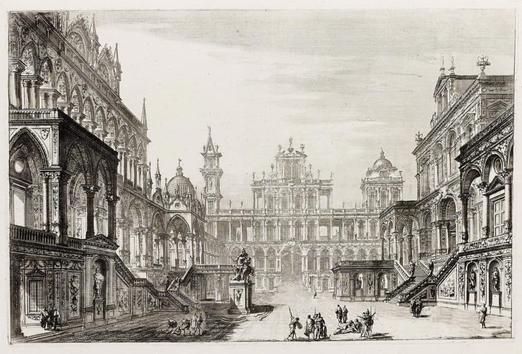 Marieschi – Perspective scénographique d’une grande cour