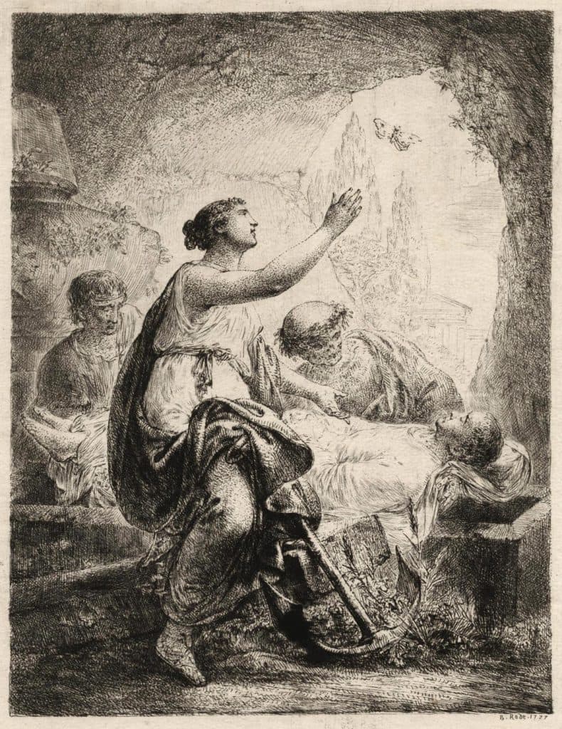 Rode – Le fils de Rode sur le cercueil entouré de la mort et de l’espoir qui désigne un papillon