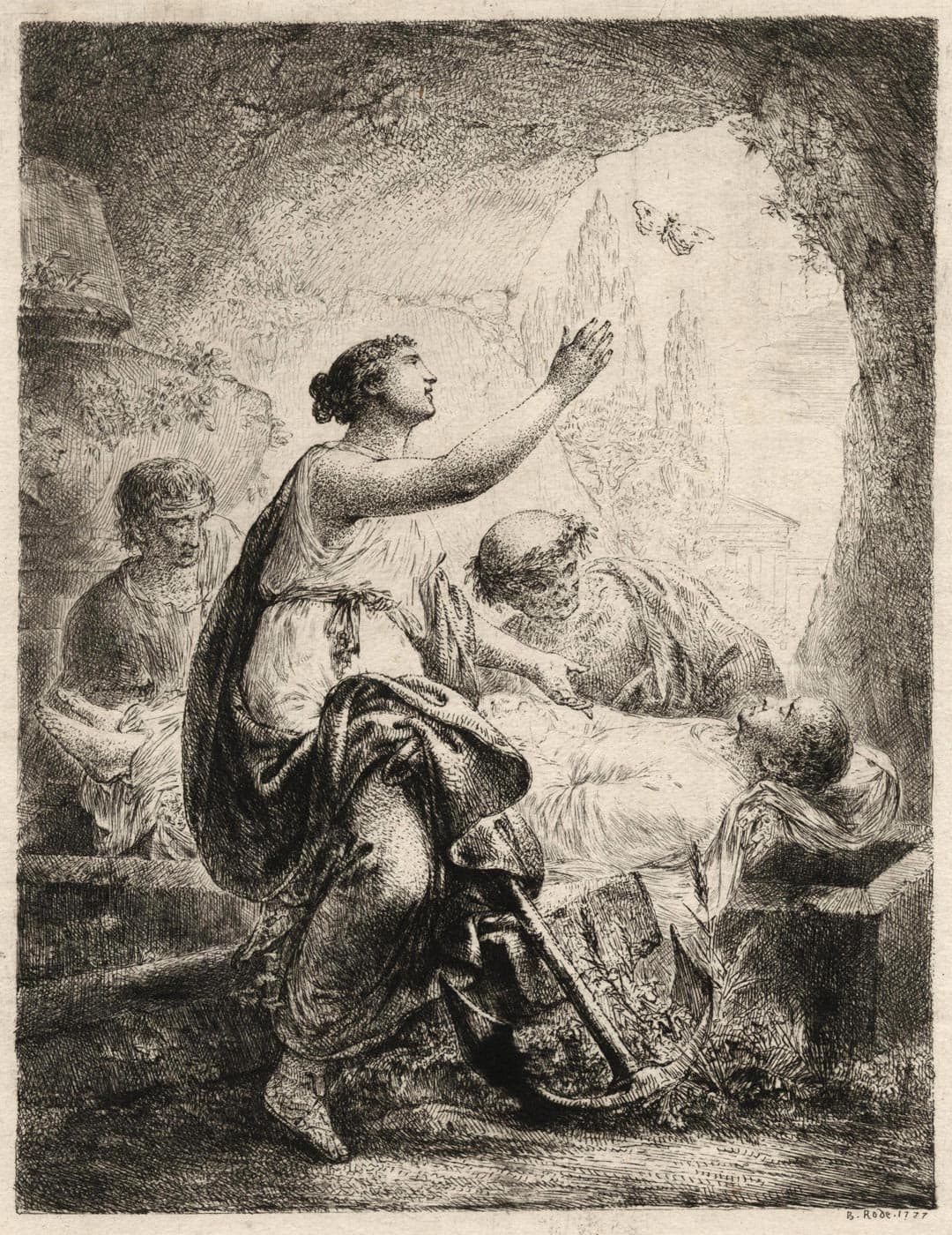 Le fils de Rode sur le cercueil entouré de la mort et de l'espoir qui désigne un papillon