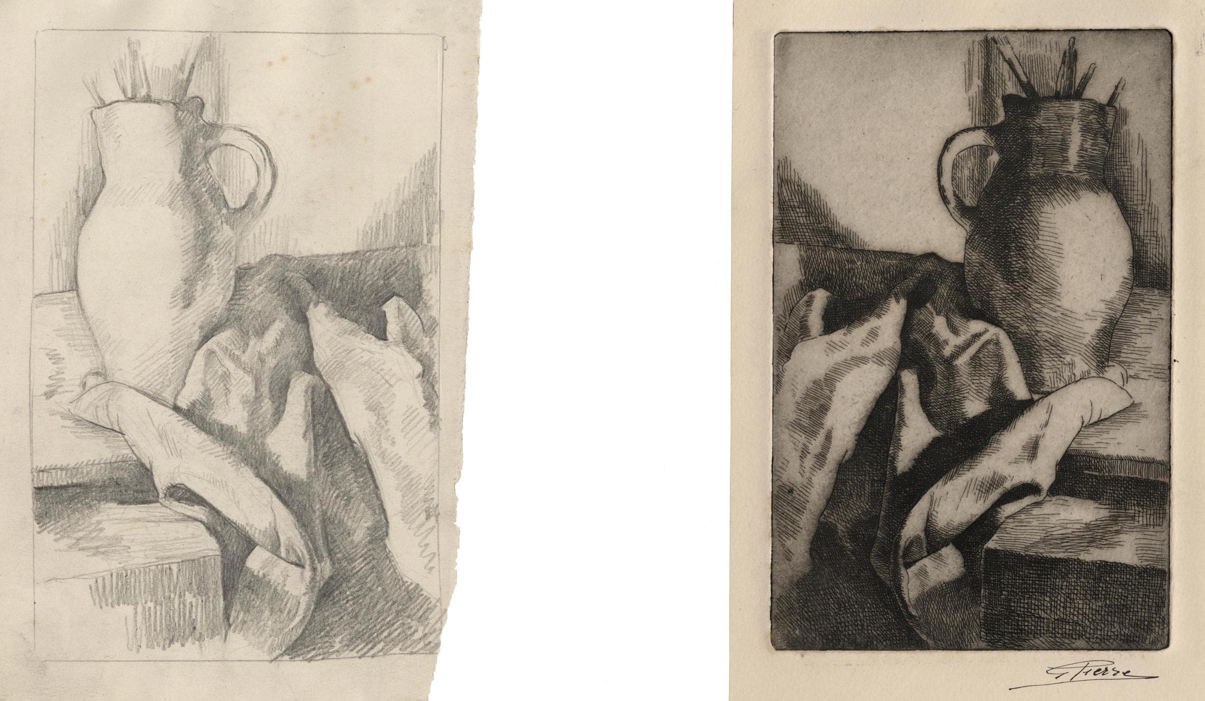 On a table, a jug with brushes