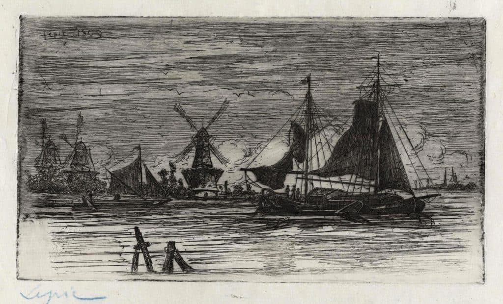 Lepic – Un grand et un petit voilier naviguant devant plusieurs moulins à vent