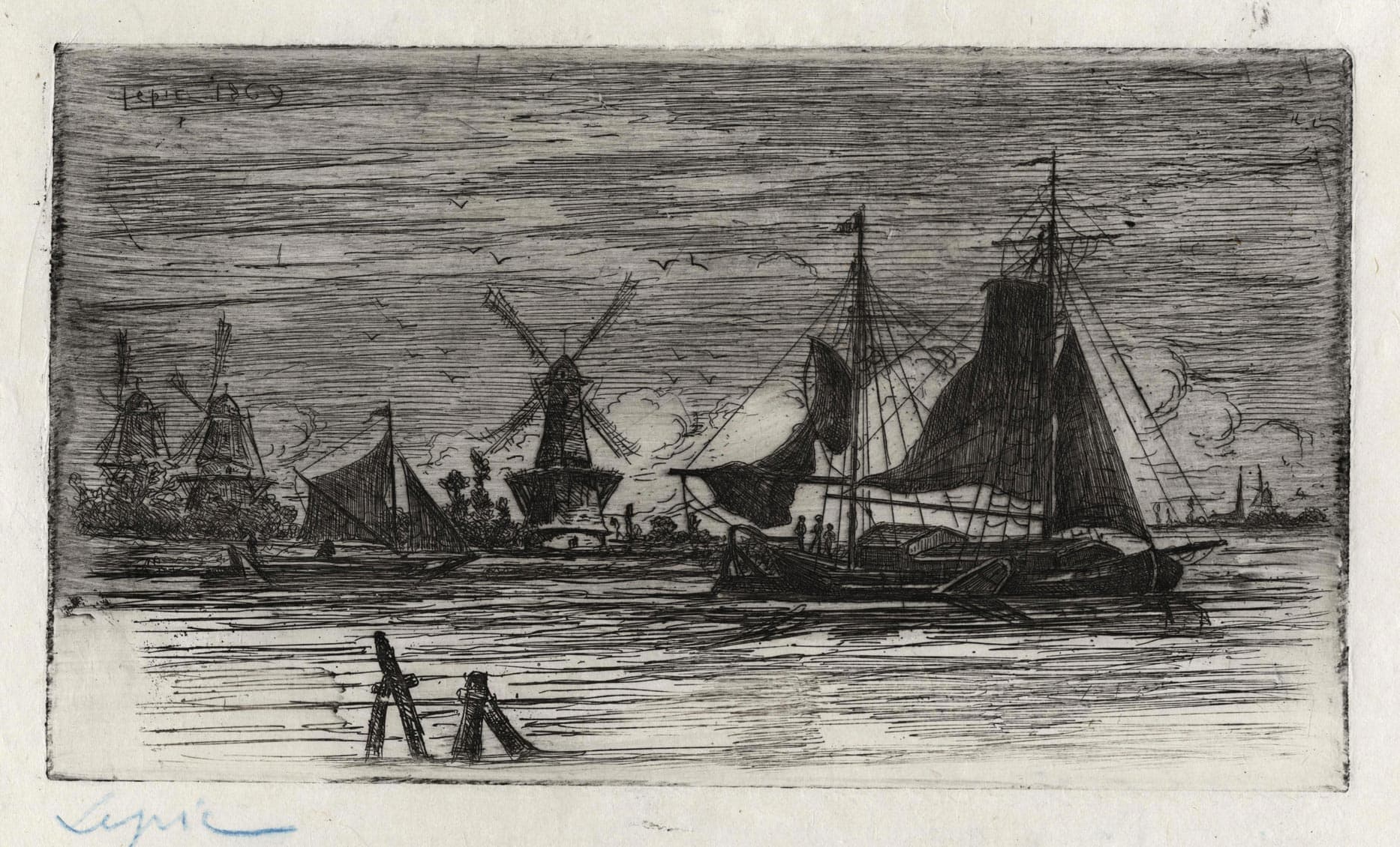 Un grand et un petit voilier naviguant devant plusieurs moulins à vent