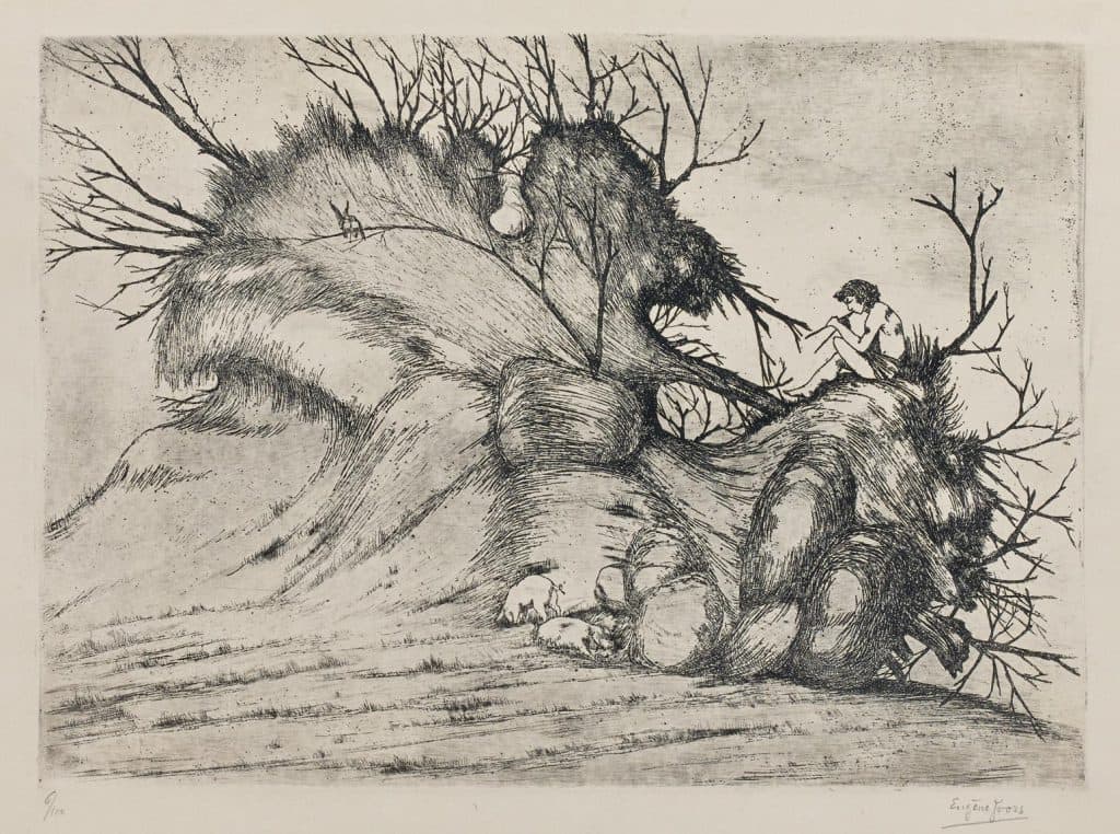 Joors – Jeune berger jouant de la flûte de Pan, assis sur une énorme souche d’arbre