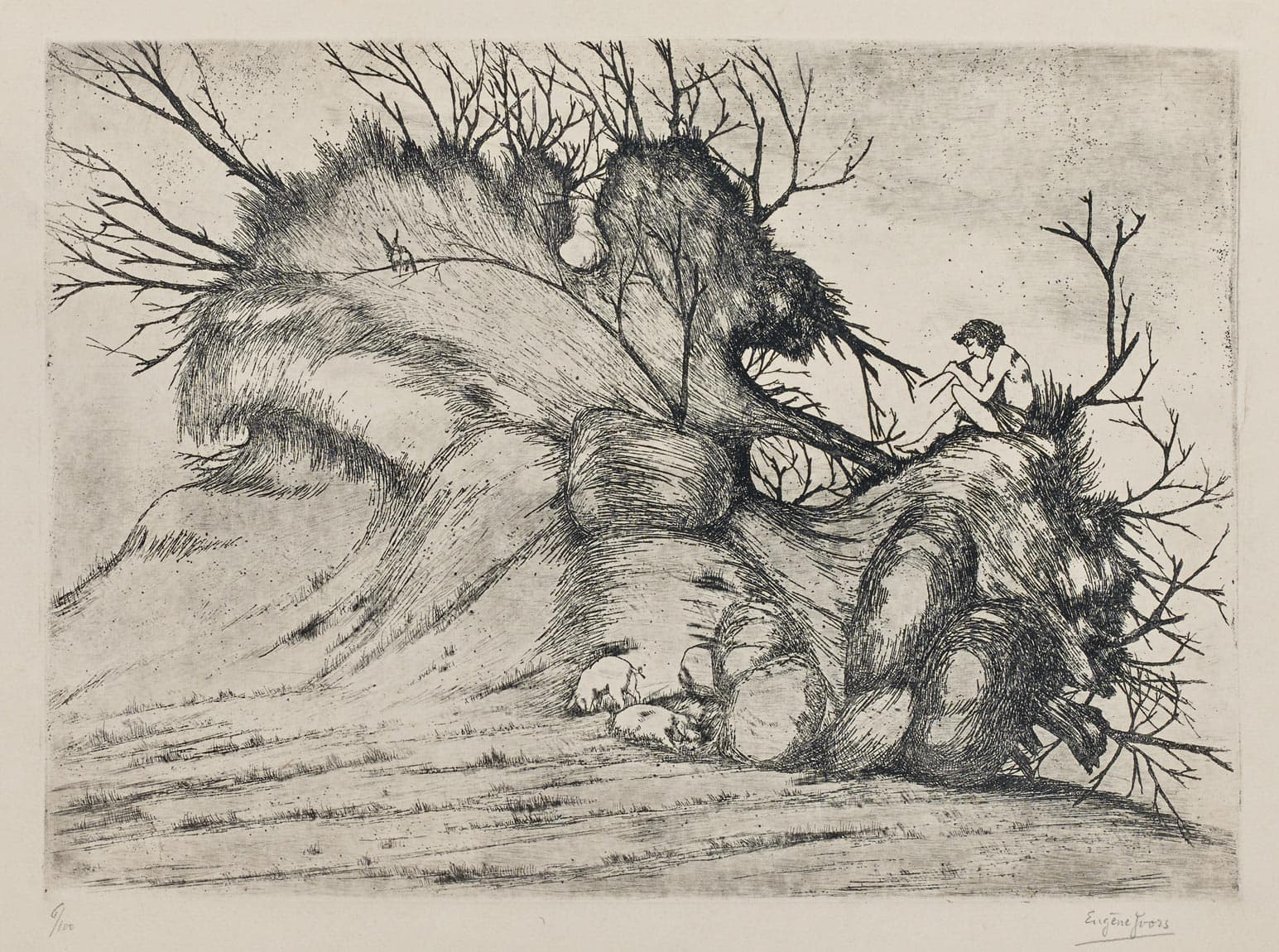 Jeune berger jouant de la flûte de Pan, assis sur une énorme souche d'arbre