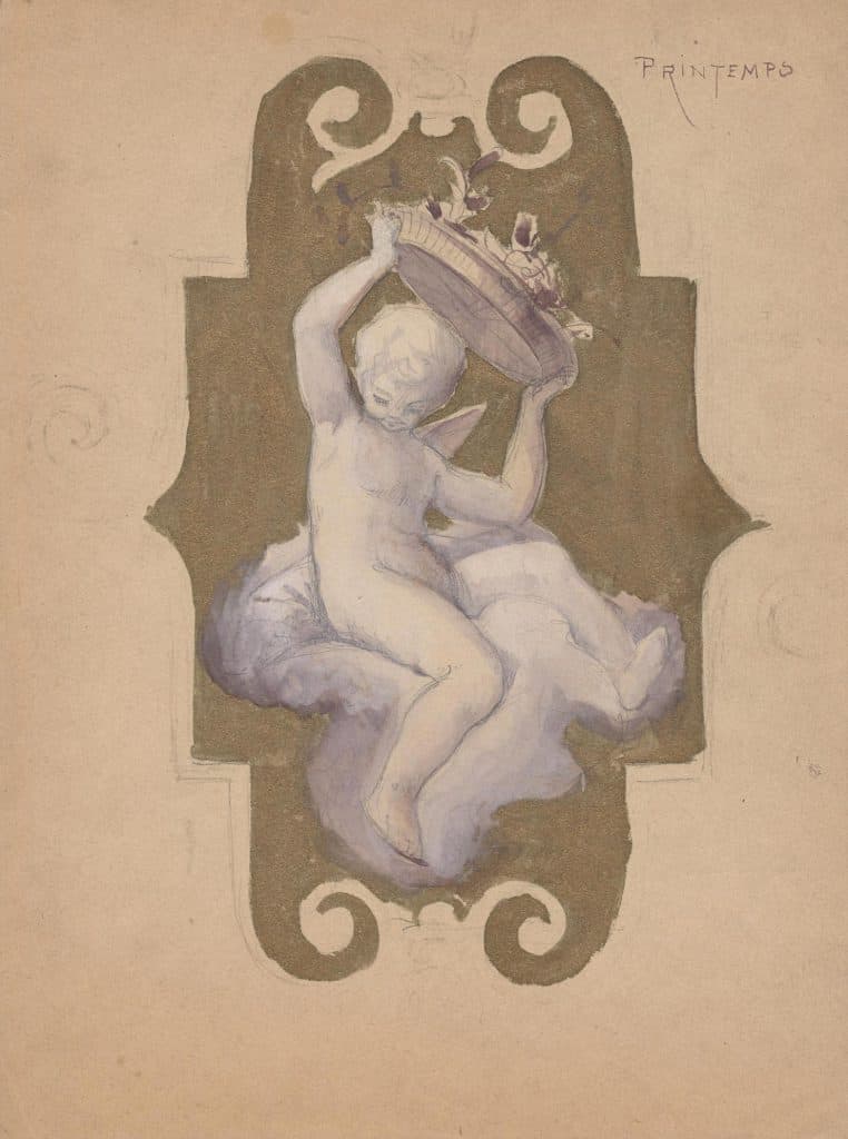 Galland – Putto portant une corbeille de fruits, dans un écusson