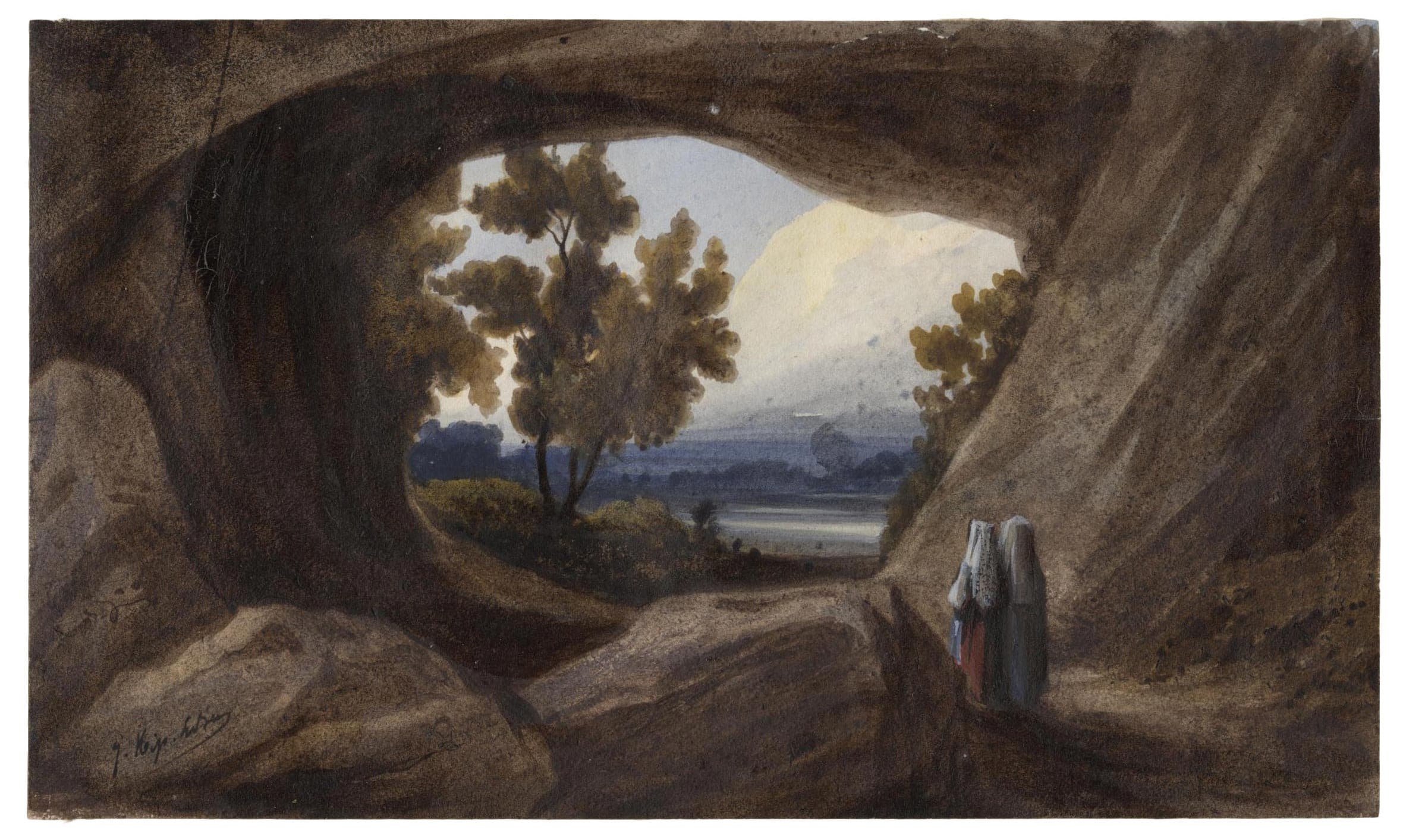 Two Figures Passing Under a Rock Arch