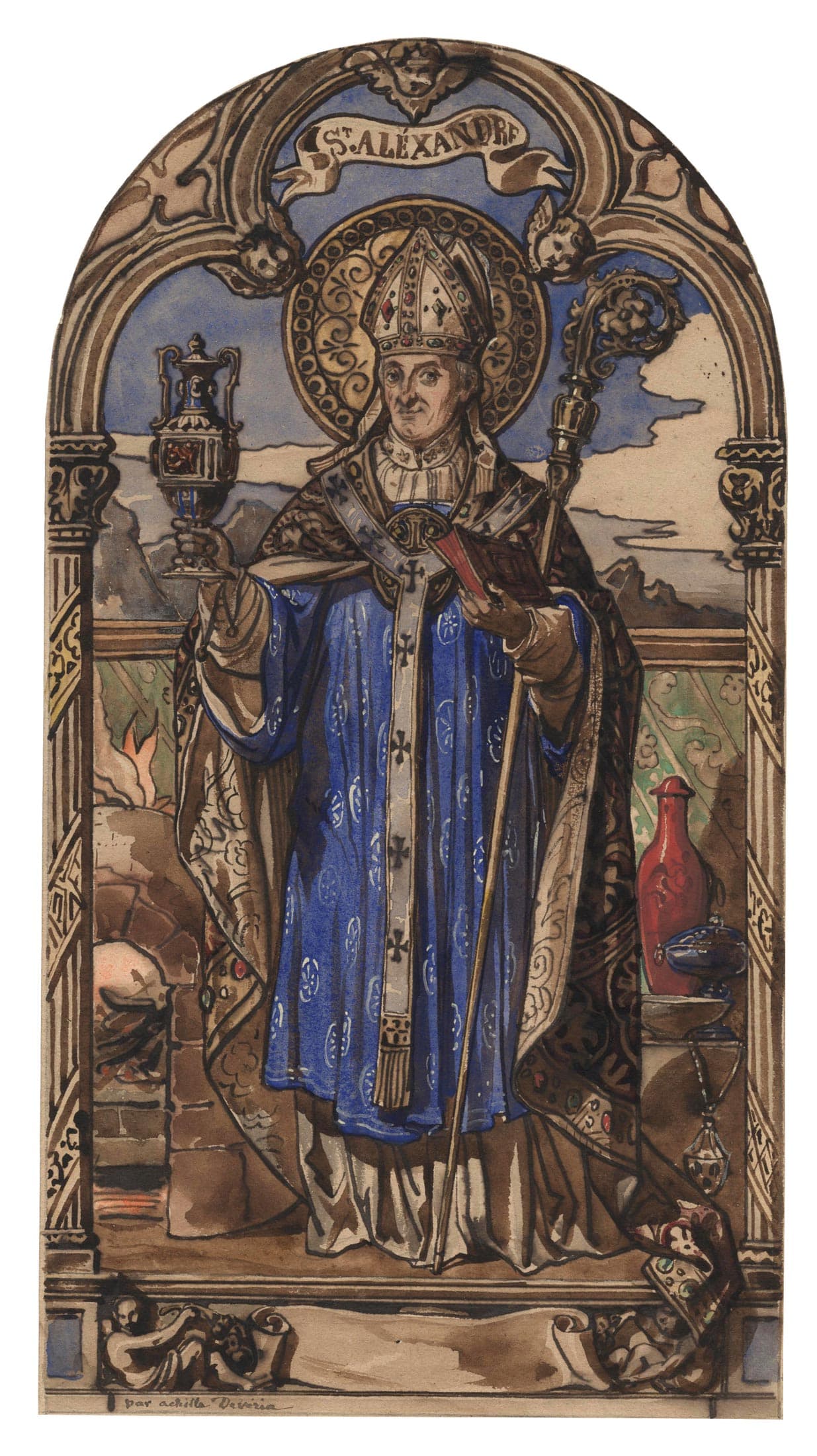 Saint Alexandre dans un cadre gothique (projet de vitrail)