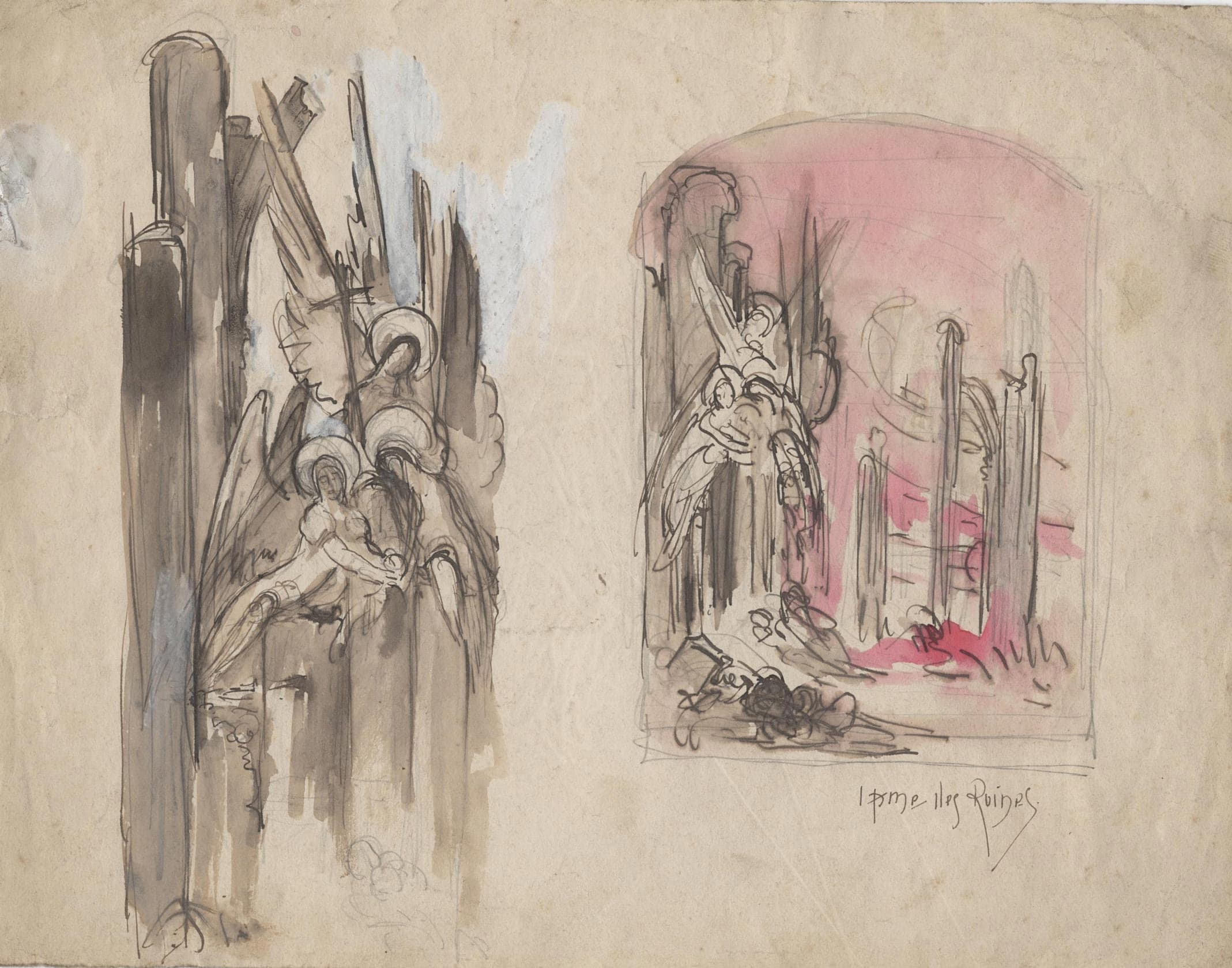 Groupe de trois anges ; ruines