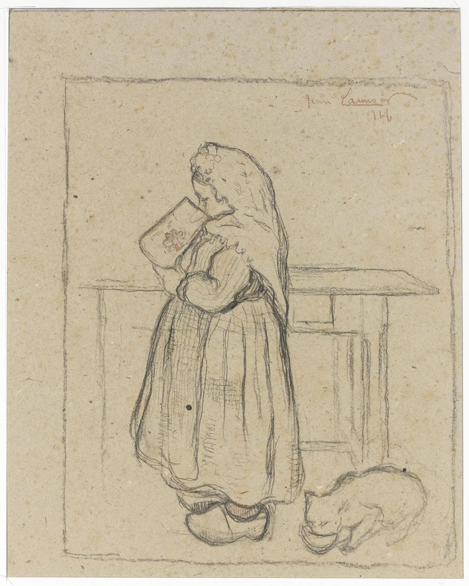 Little Girl Wearing Sabots and Her Cat