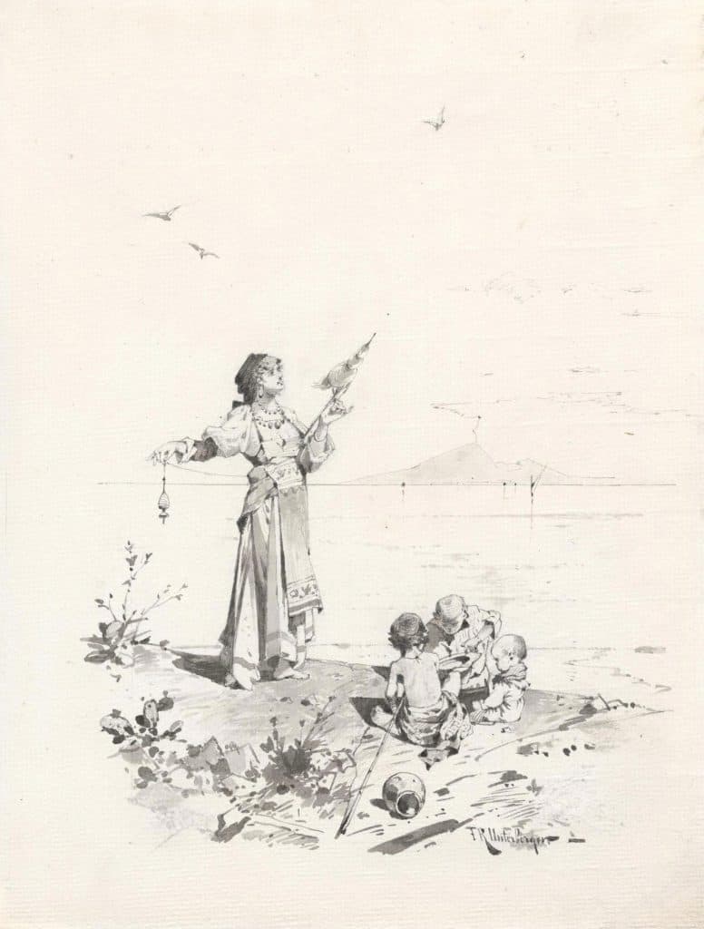 Unterberger – Fileuse et trois enfants ; le Vésuve