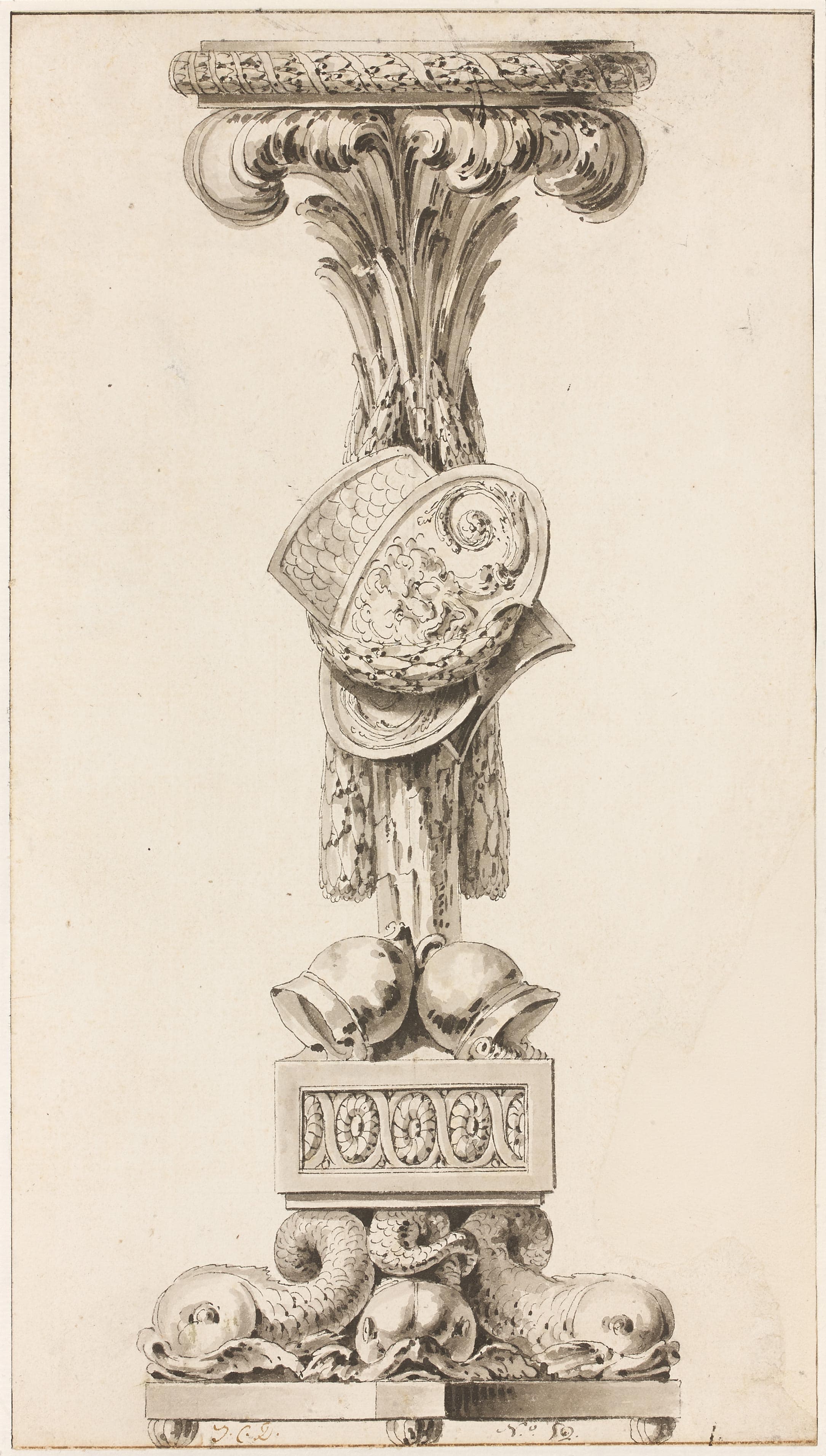 Torchère ornée d'un trophée d'armes