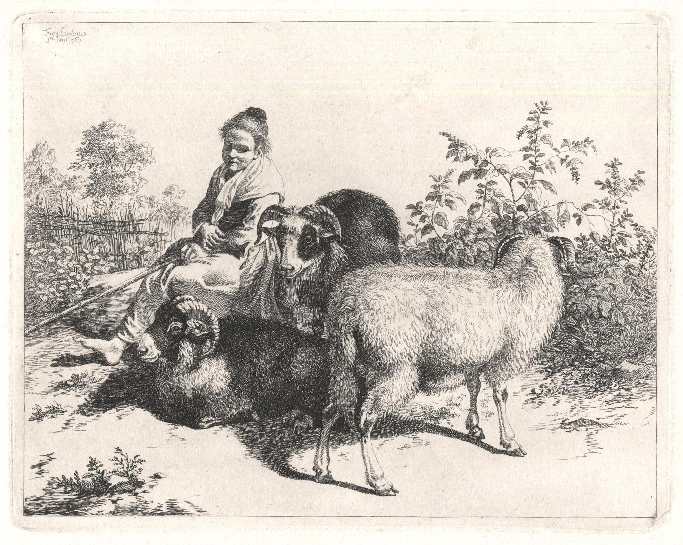 Bergère assise avec trois moutons