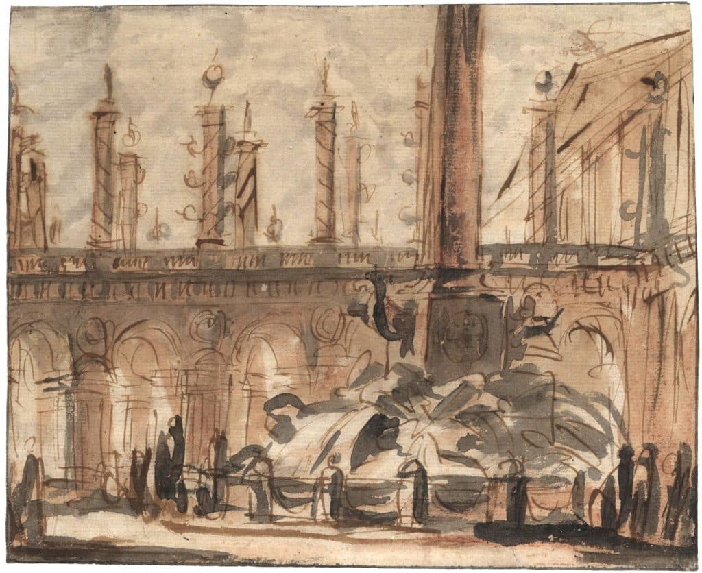 Challe – Capriccio d’architecture : fontaine avec obélisque