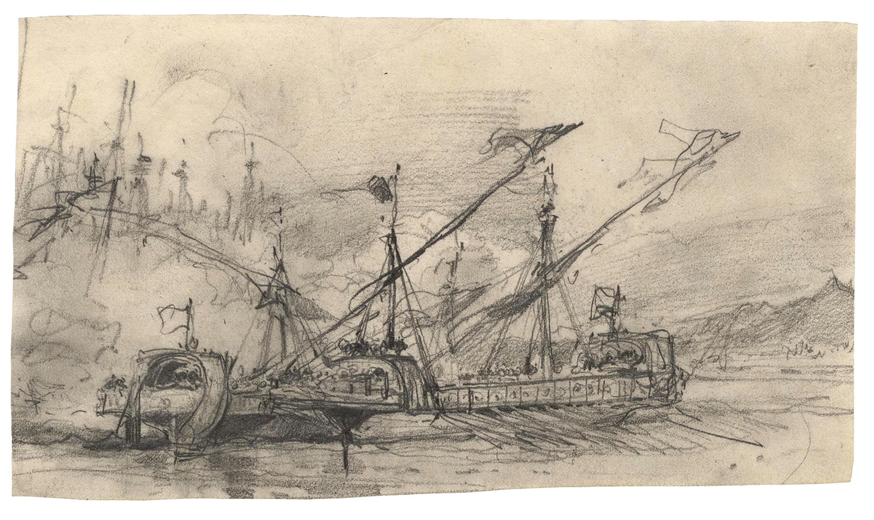 Two Ships in a Sea Battle Near the Coast