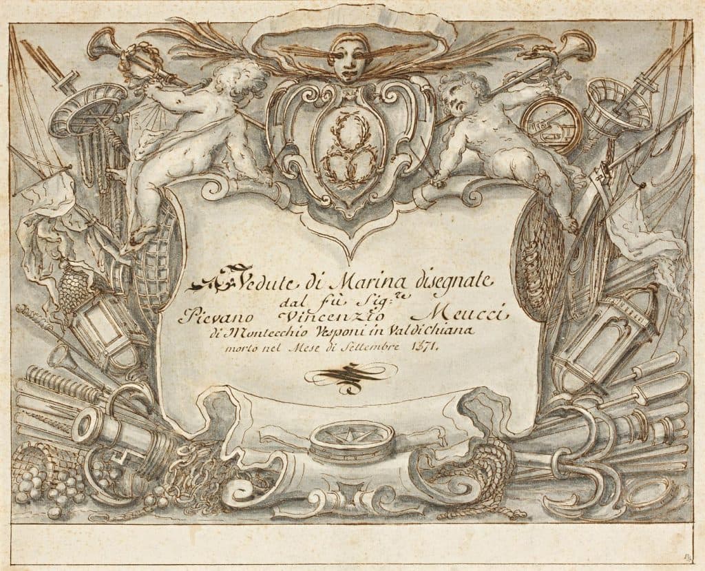 Ecole italienne XVIIIe – Cartouche sur un fond de trophée marin