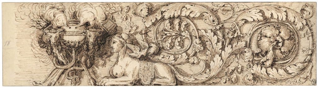 Cauvet – Frise avec cassolette, sphinx et rinceaux d’acanthe