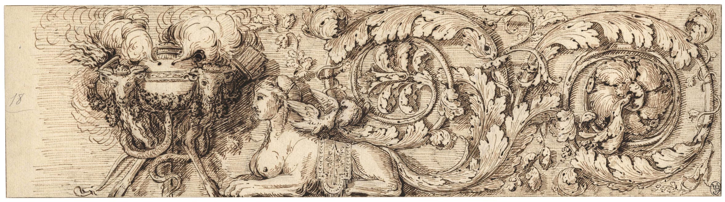 Frieze with an Incense Burner, a Sphinx and Foliage Scrolls