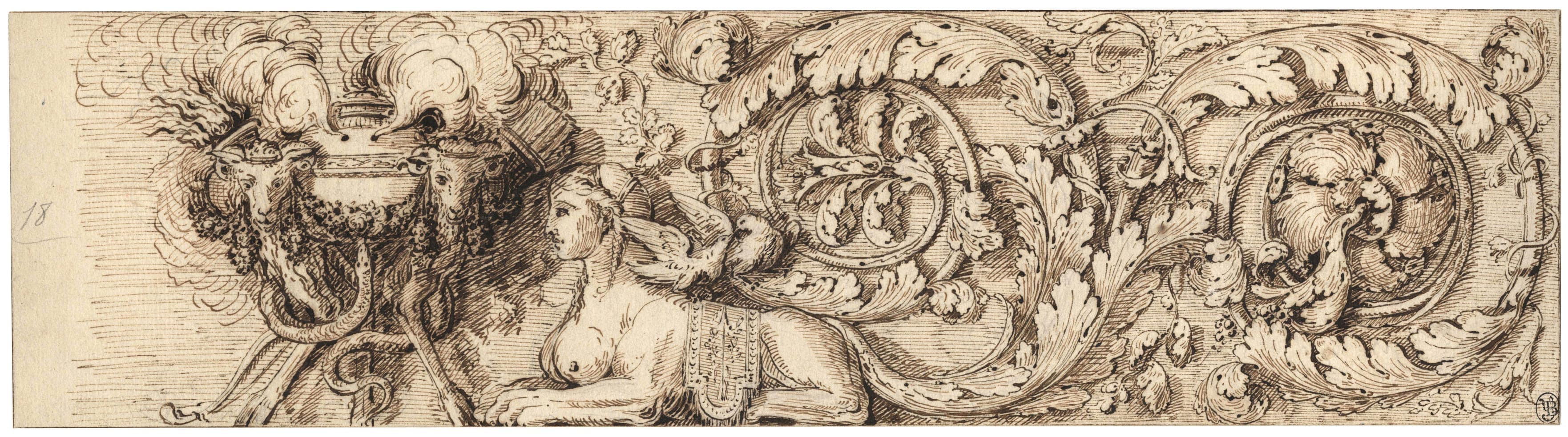 Frise avec cassolette, sphinx et rinceaux d'acanthe