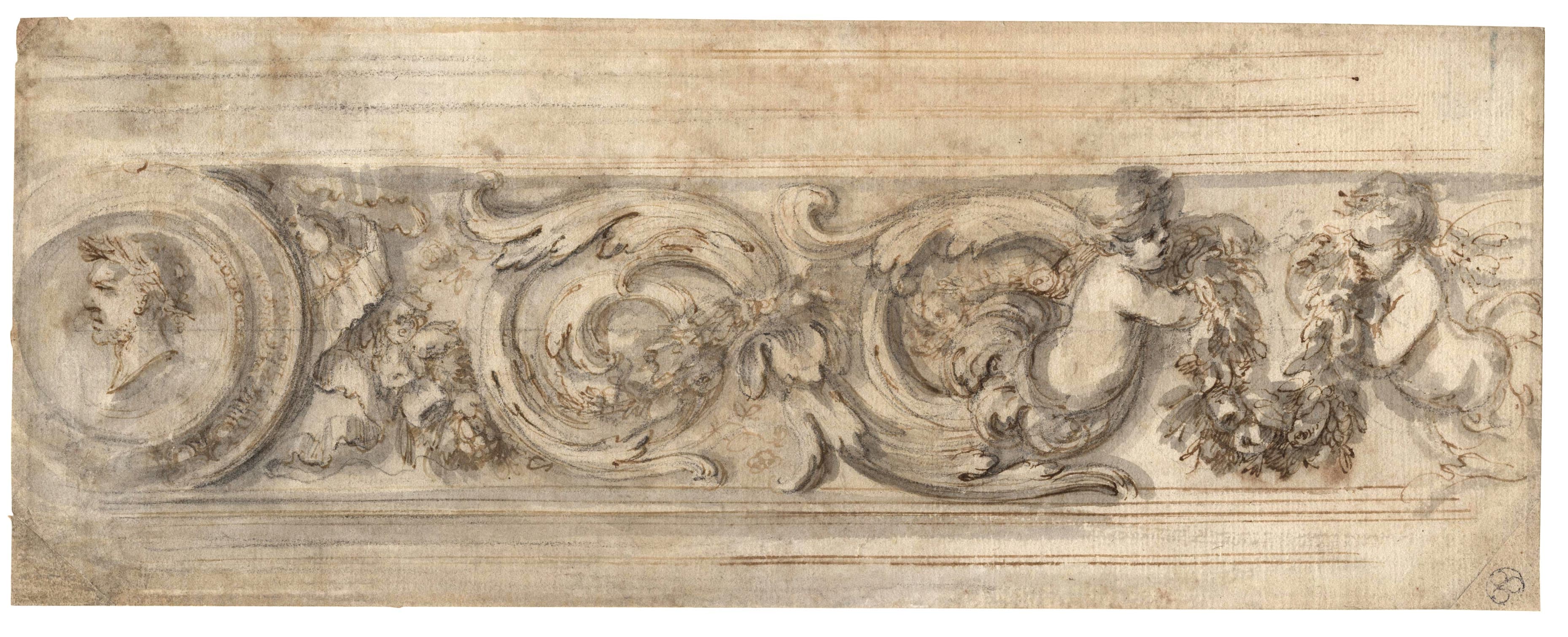 Frieze with a Medallion, Foliage Scrolls and Putti