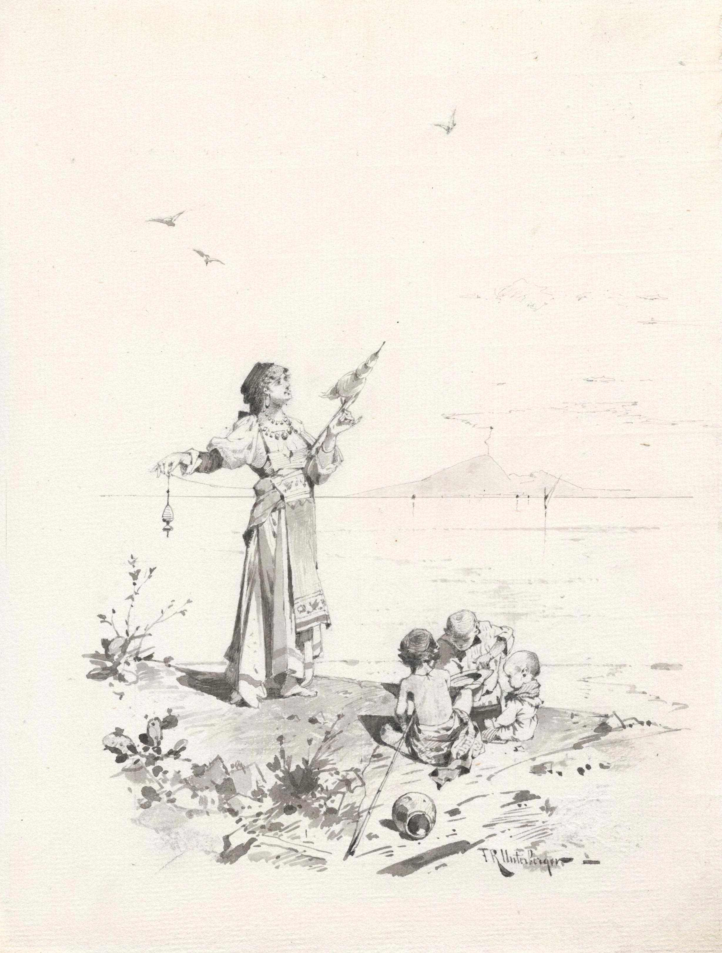 Fileuse et trois enfants ; le Vésuve