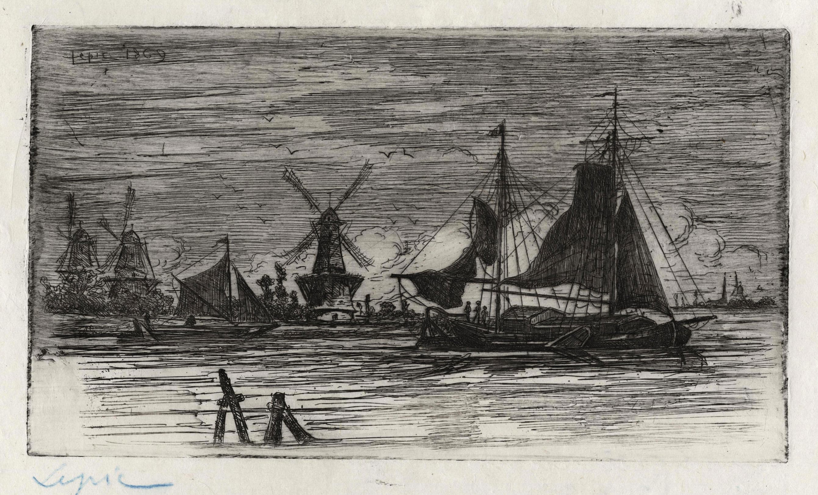 Un grand et un petit voilier naviguant devant plusieurs moulins à vent