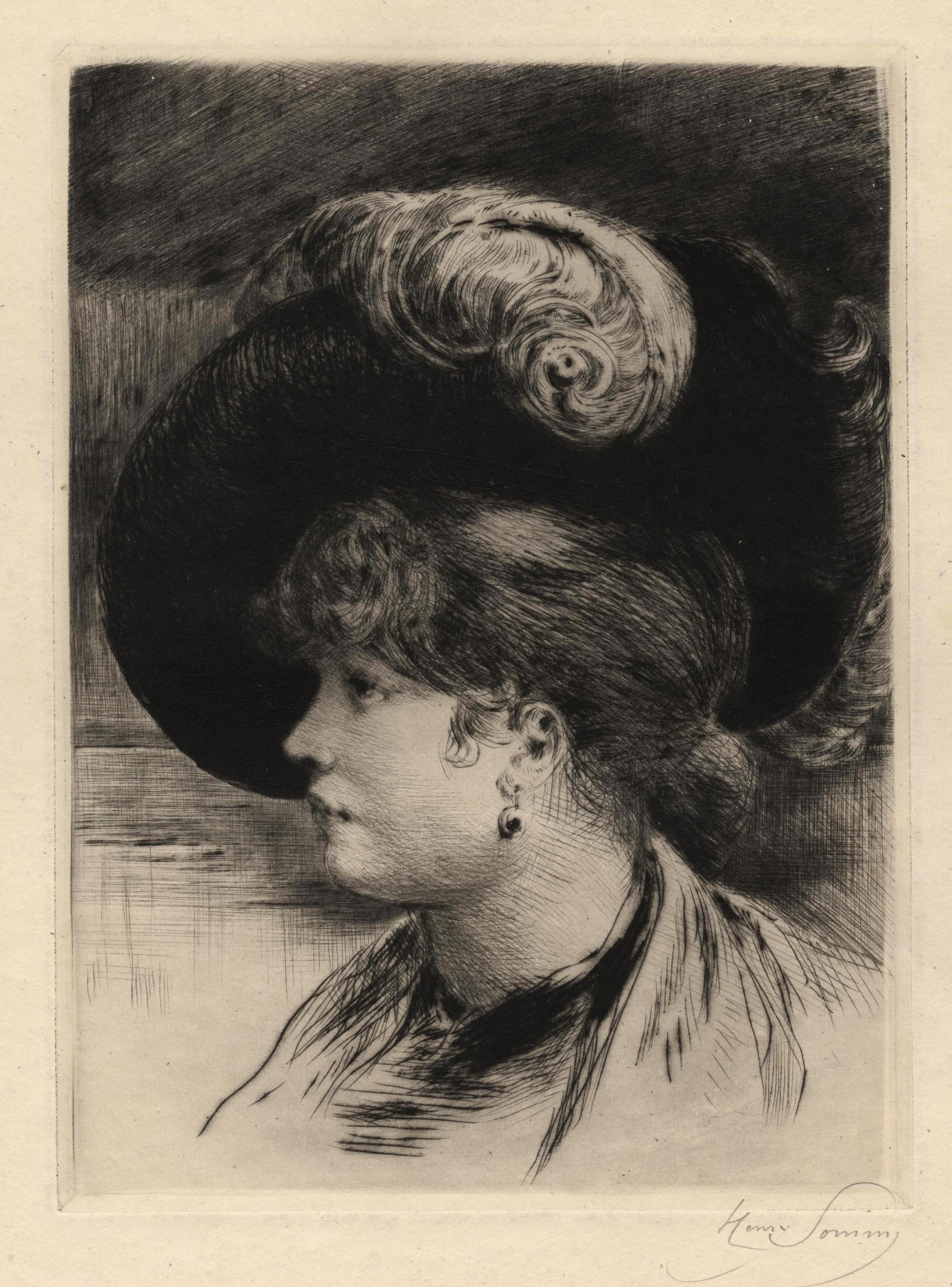 Tête de femme avec grand chapeau