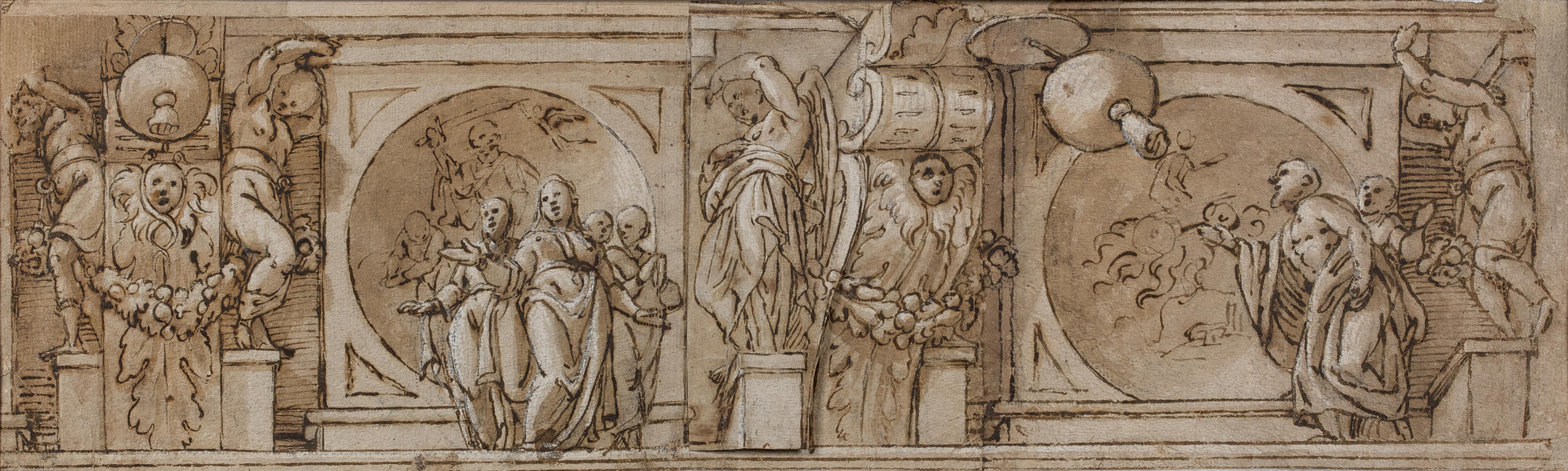 Frise en trompe-l'œil avec deux scènes représentant "Le sacrifice d'Isaac" et "Élie sur son char"