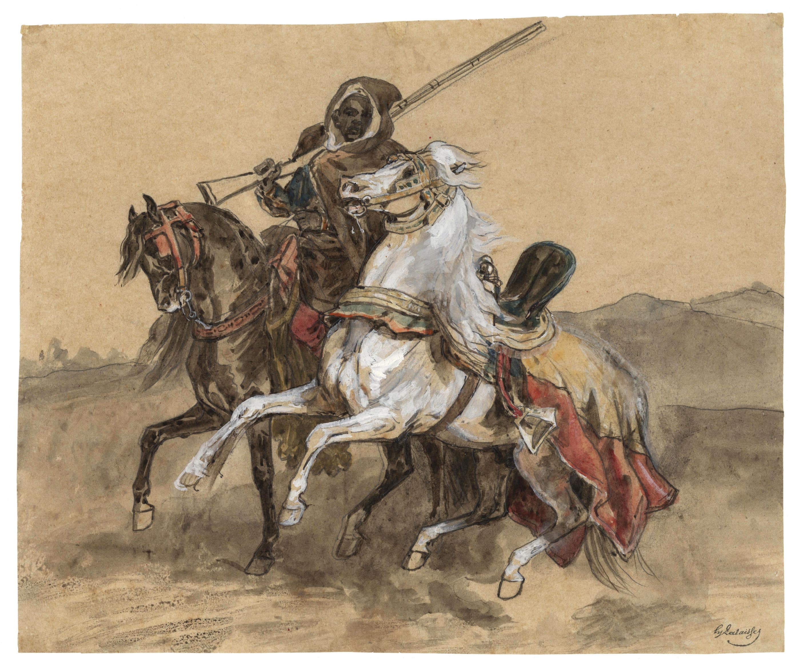 Chasseur oriental aux deux étalons dans le désert