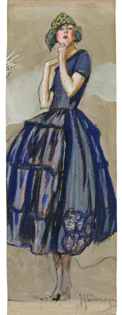 Domergue – Jeune femme en robe bleue et chapeau vert