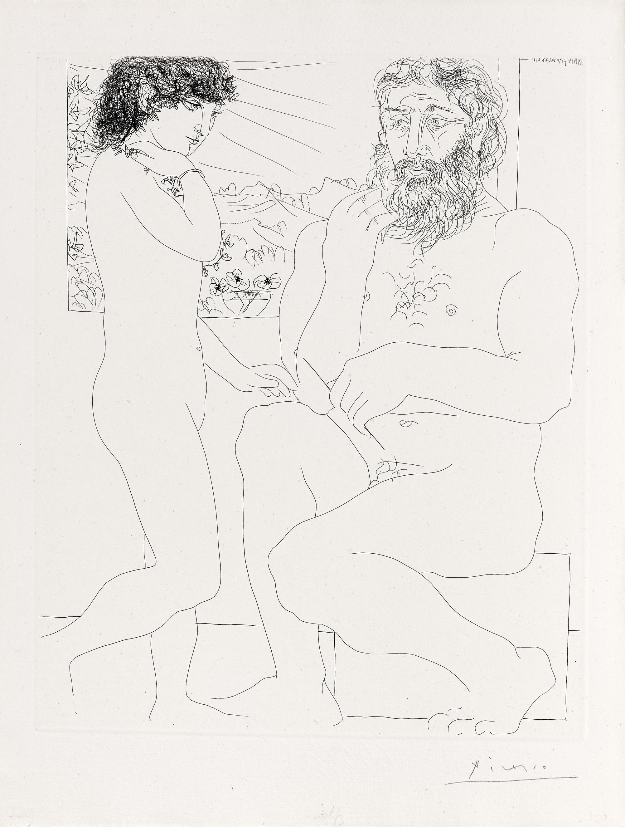 Sculpteur songeant, modèle au cheveux noirs et bol avec trois anémones