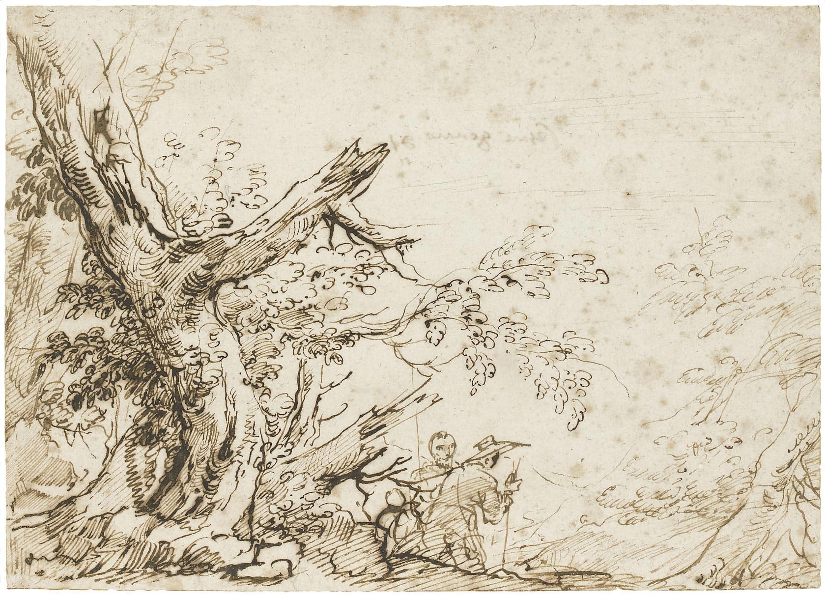 Woodland landscape with two walkers