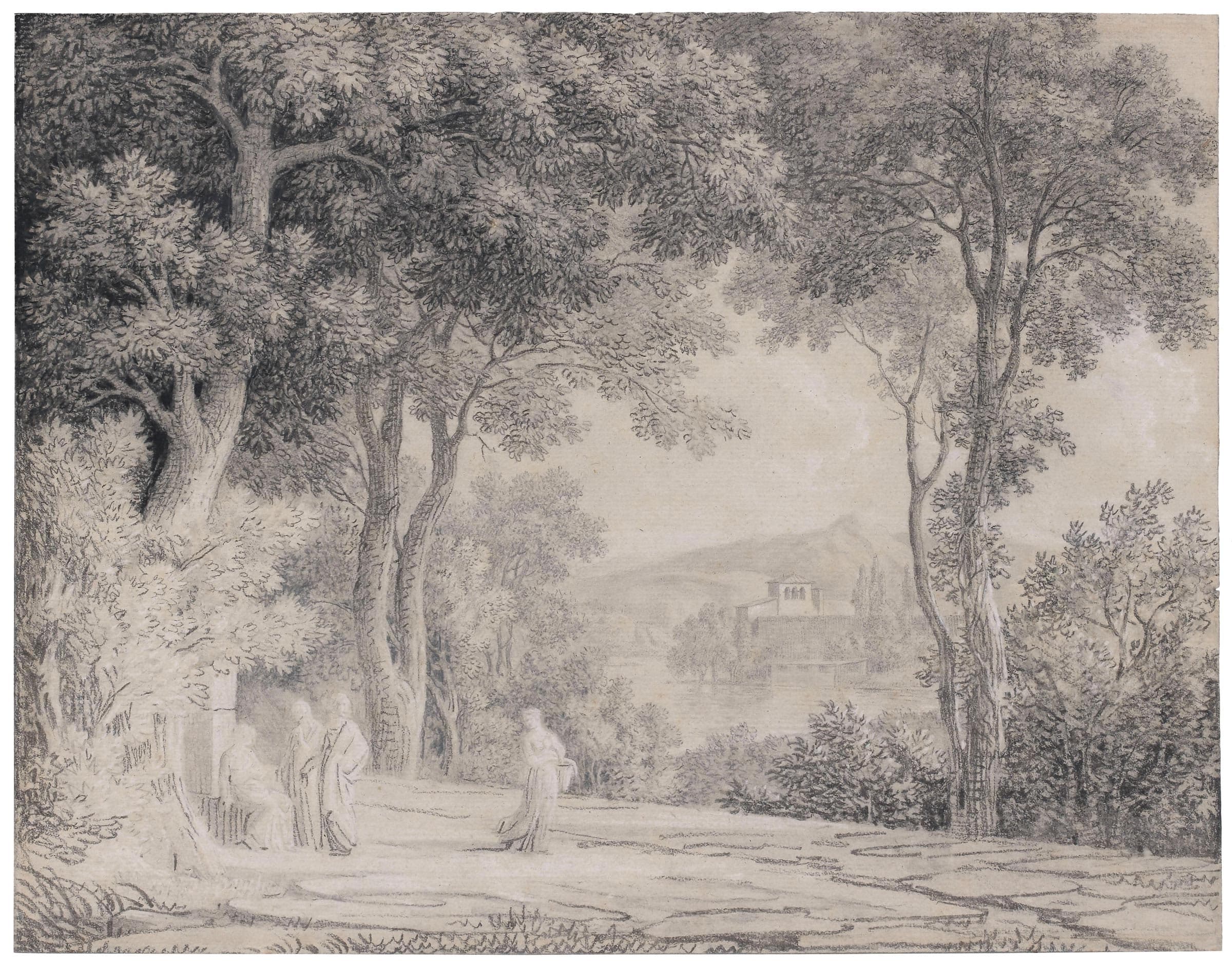 Paysage classique aux quatre femmes à la fontaine
