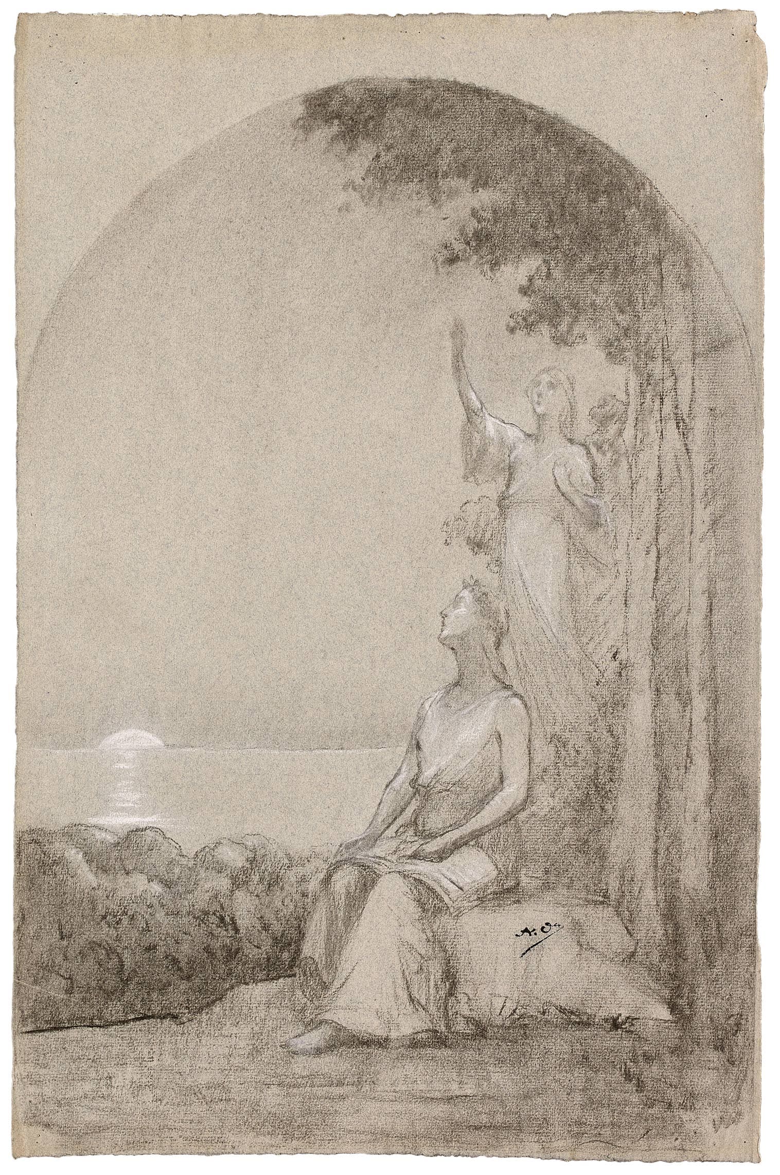 Scène symboliste autour de deux muses