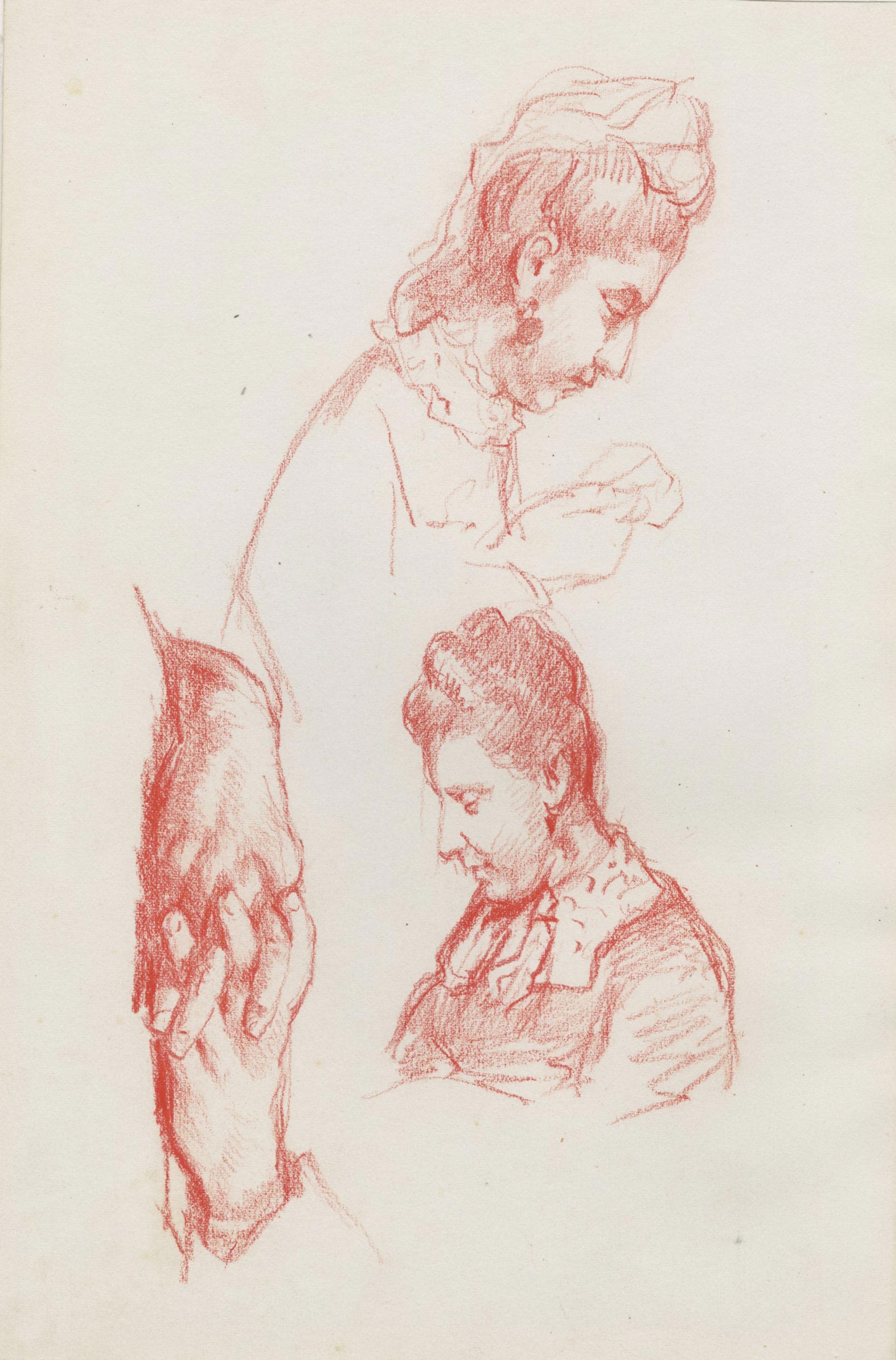 Two women's portraits and hands study