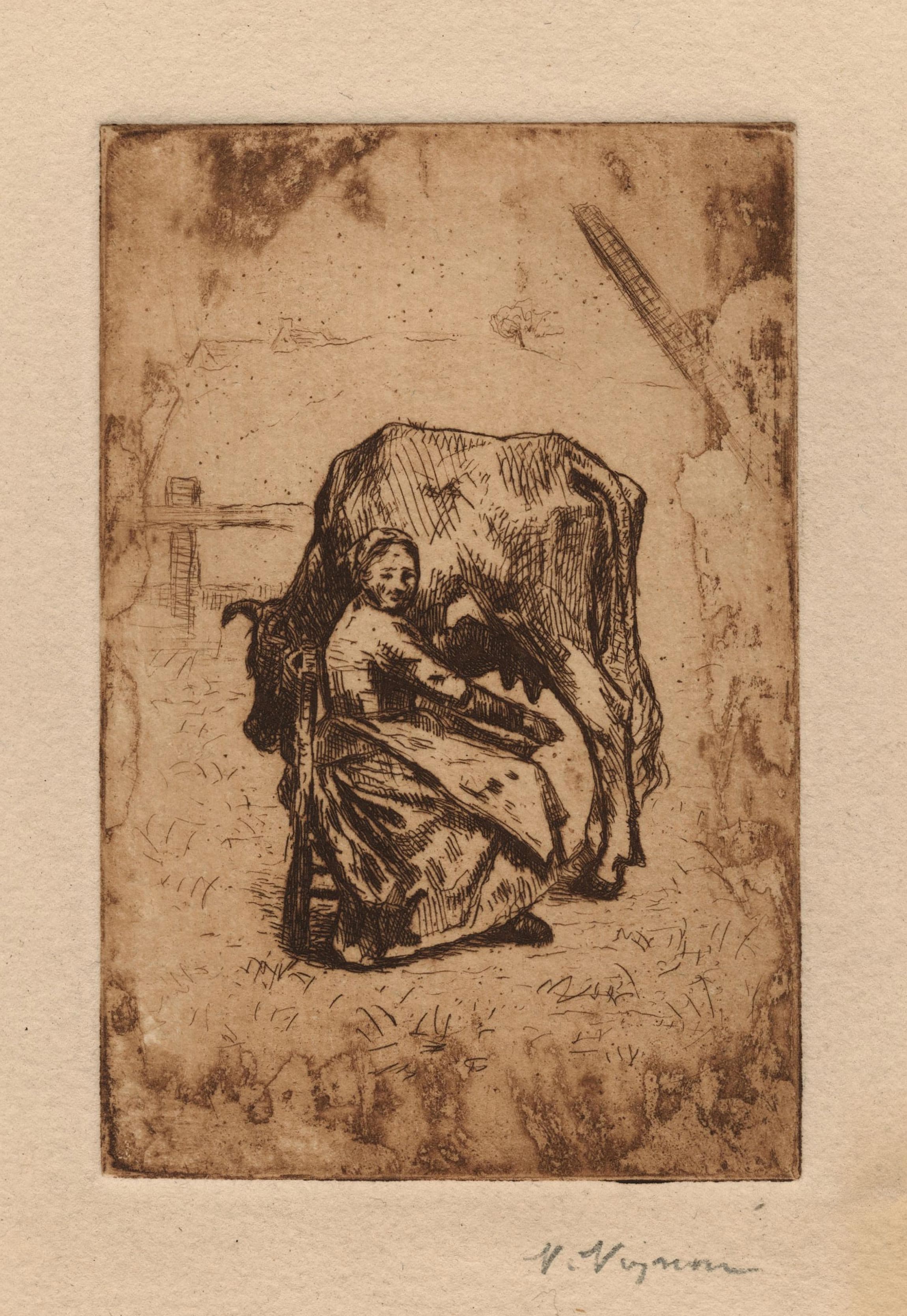 Une paysanne trayant sa vache