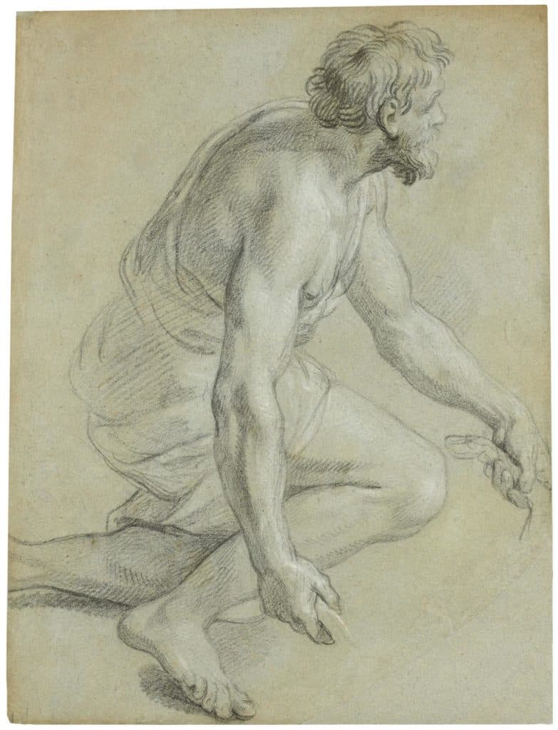 Boullogne – Homme agenouillé, de profil, tourné vers la droite,  tenant, dans chacune de ses mains, la patte d’un animal