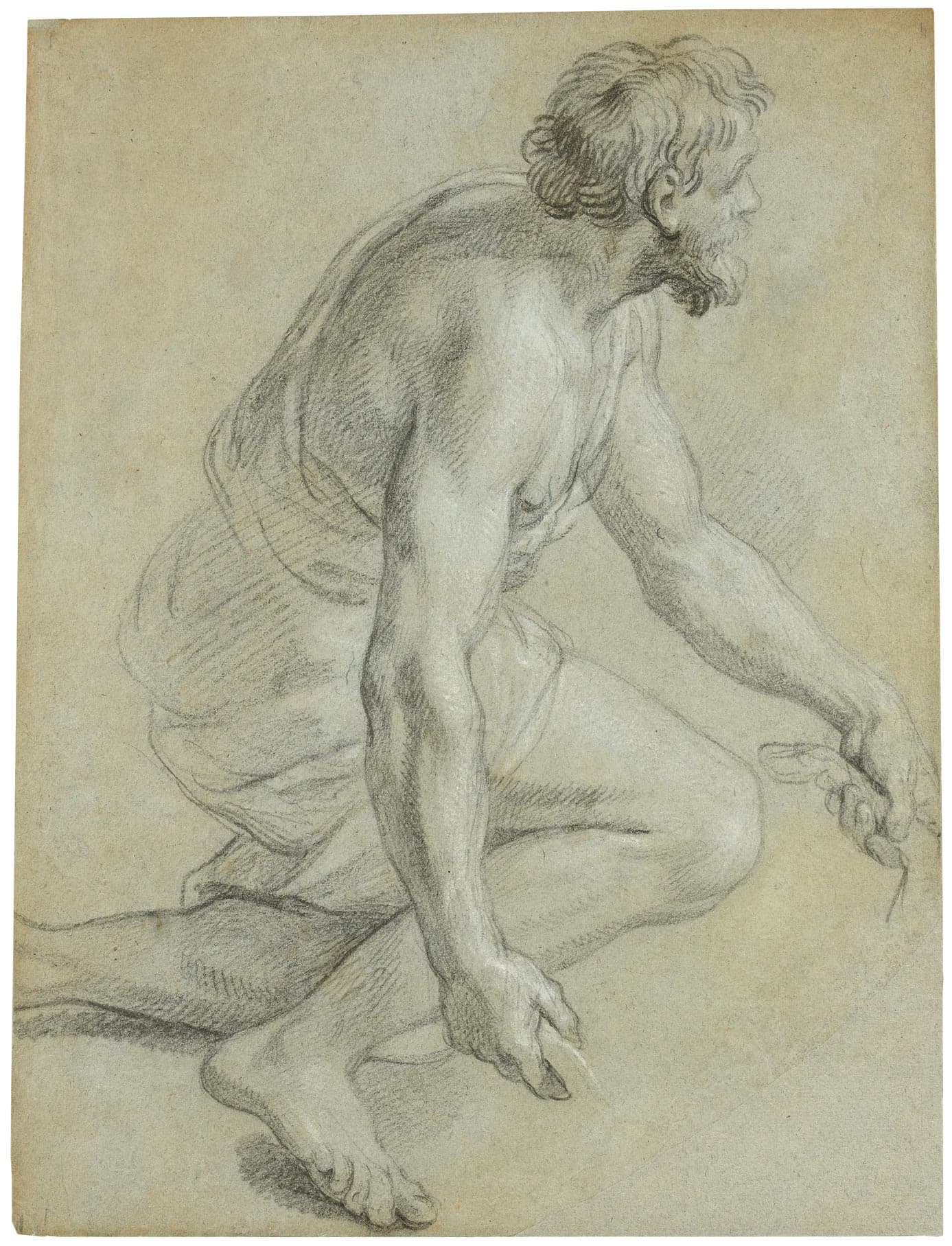 Homme agenouillé, de profil, tourné vers la droite, tenant, dans chacune de ses mains, la patte d’un animal