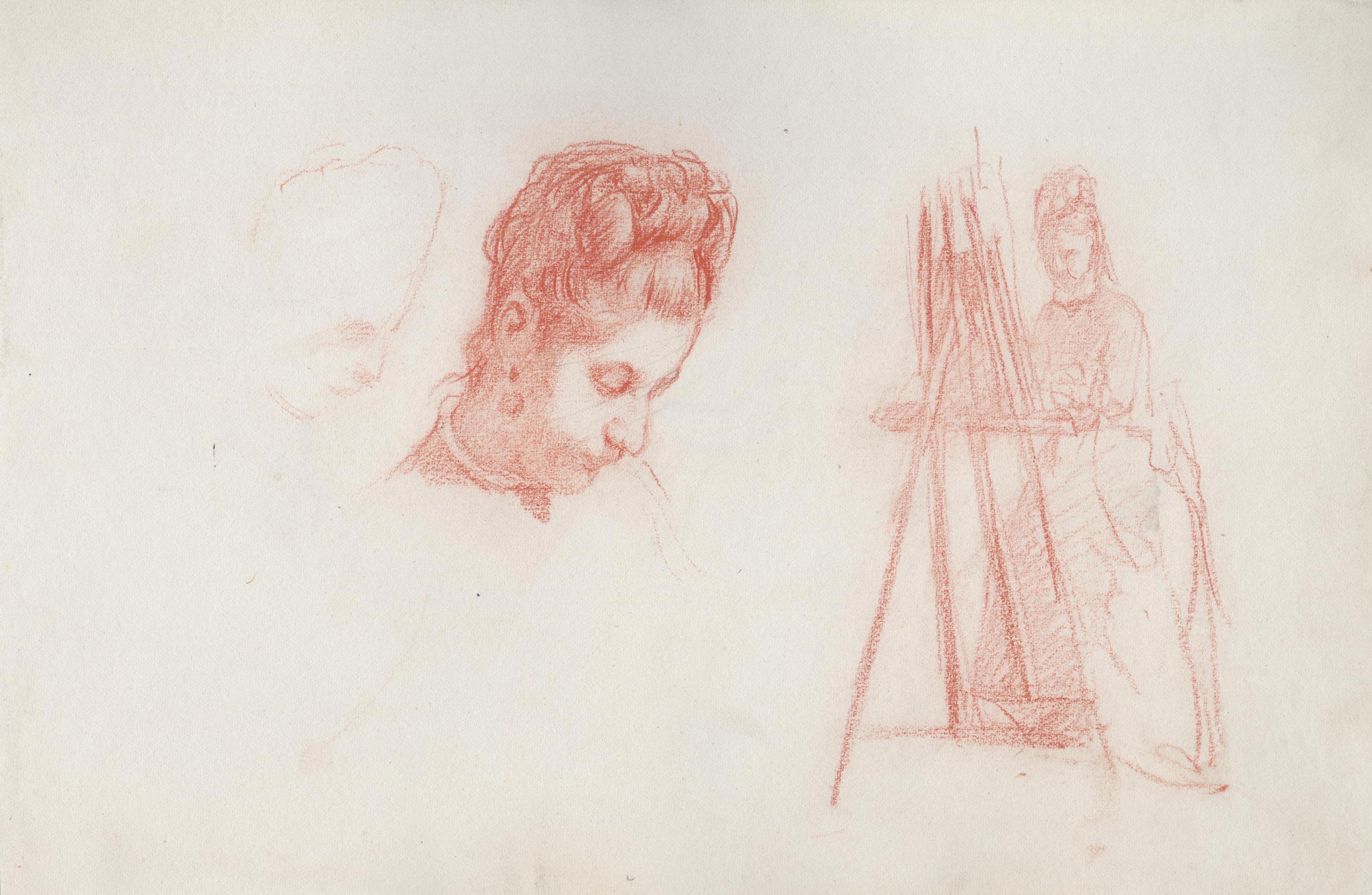 Étude de tête féminine et femme au chevalet