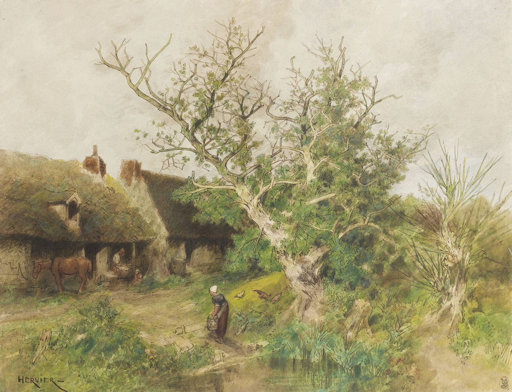 Landscape with a pond a woman carrying a bucket of water near a farm