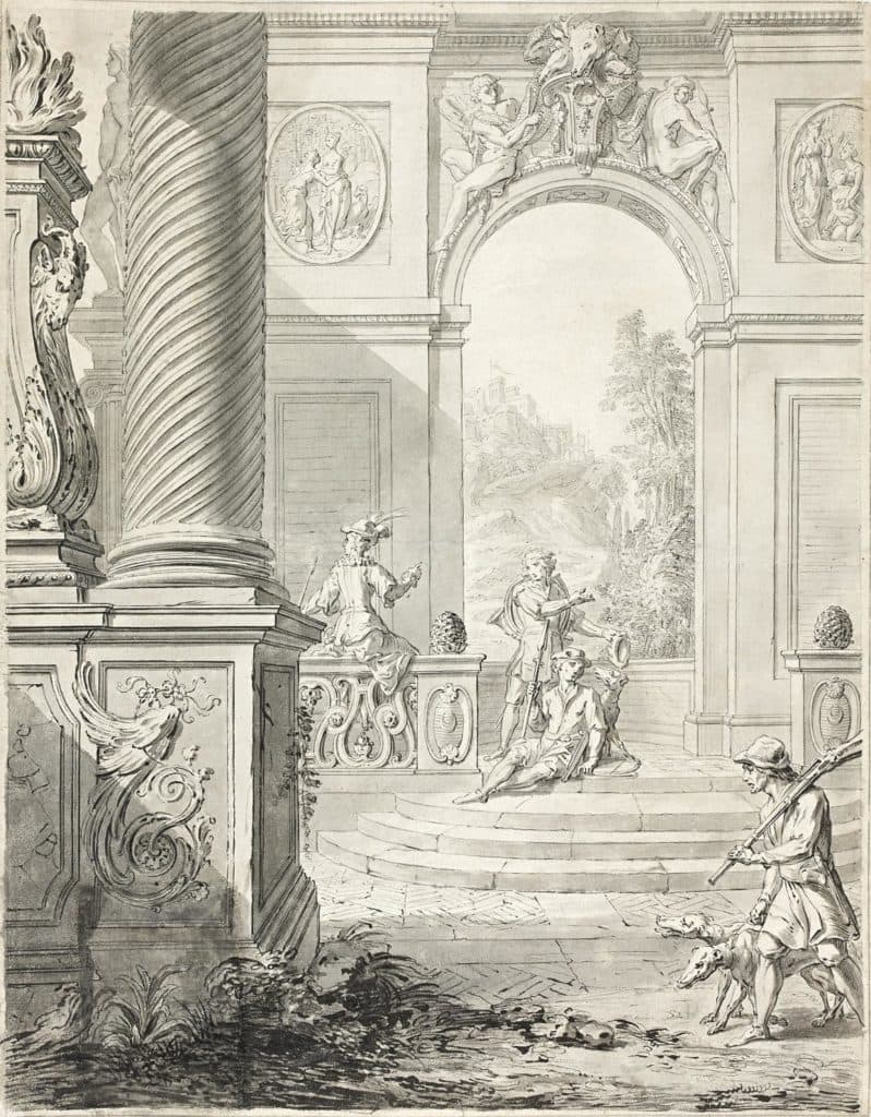 Oppenord – Grande composition avec chasseurs au repos à l’entrée d’un bâtiment