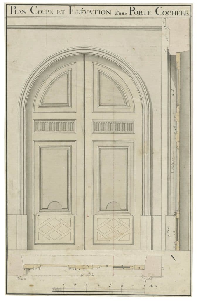 Ecole française XVIIIe – Plan Coupe et Élévation d’une Porte Cochère