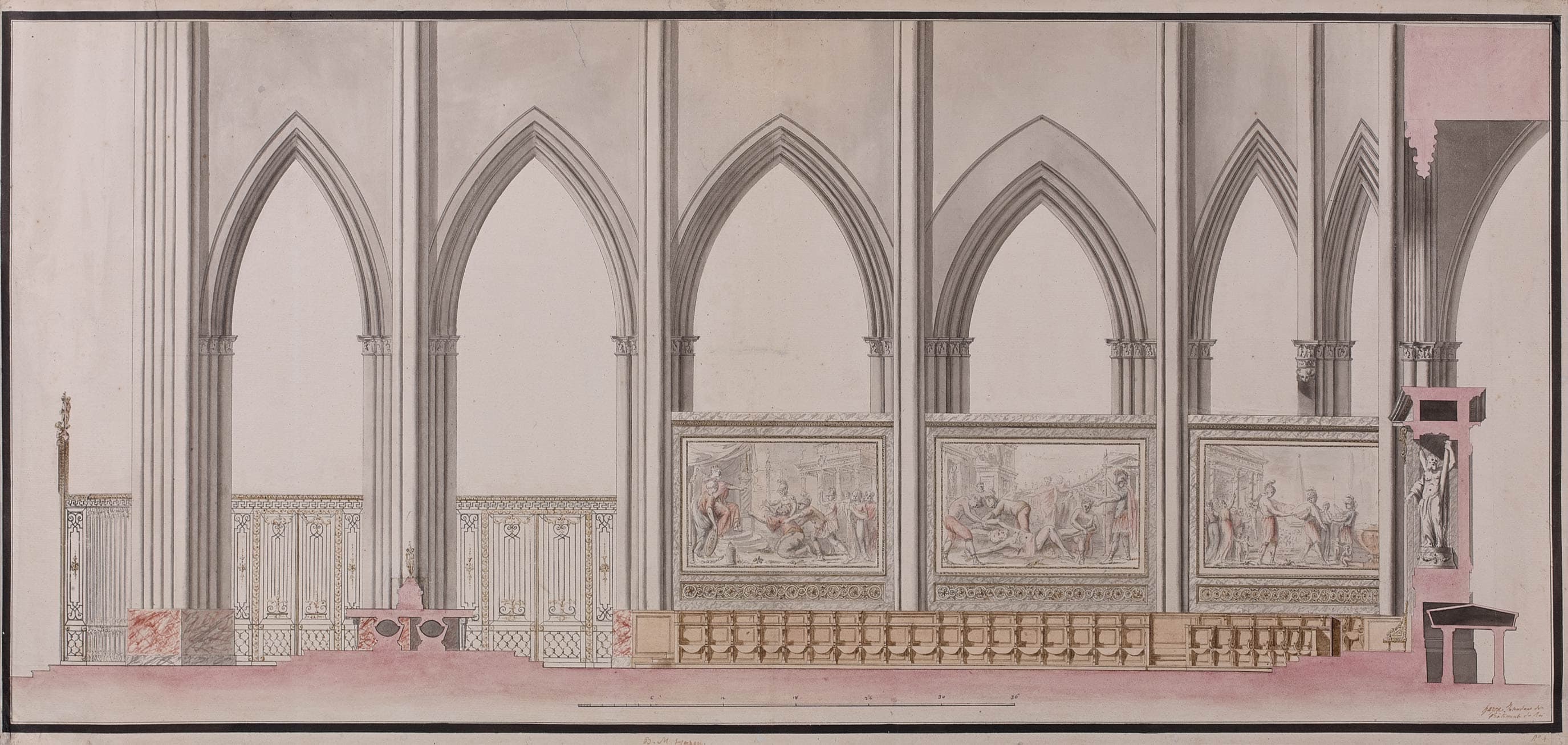 Church with three panels depicting the life of Saint Andrew (project for the cathedral of Bordeaux?)