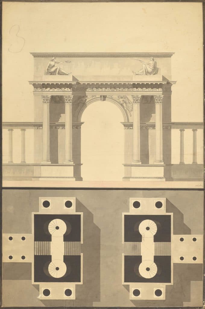 Jomard – Projet d’arc de triomphe, élévation et plan