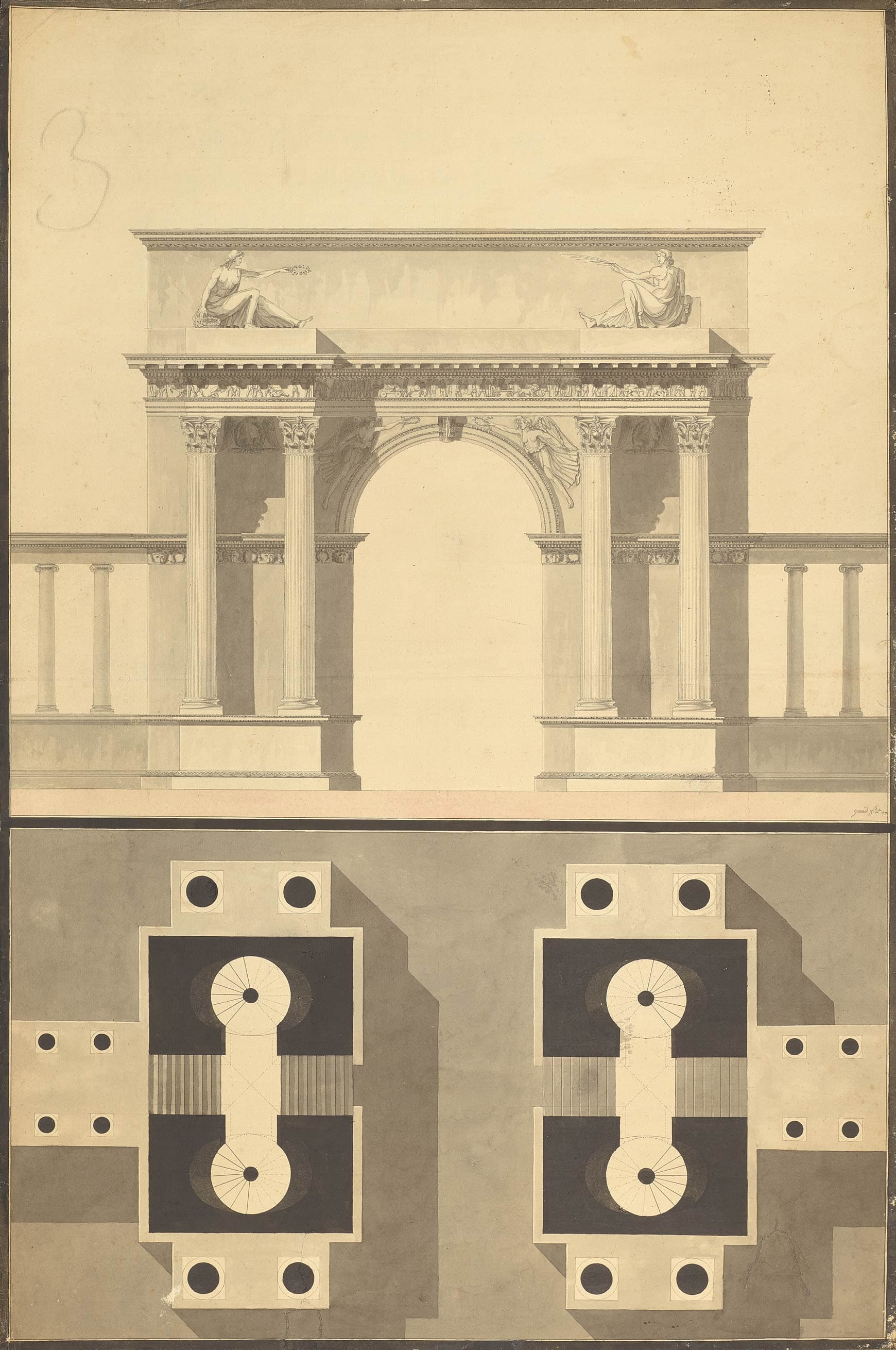 Project of an arc de triomphe, elevation and plan