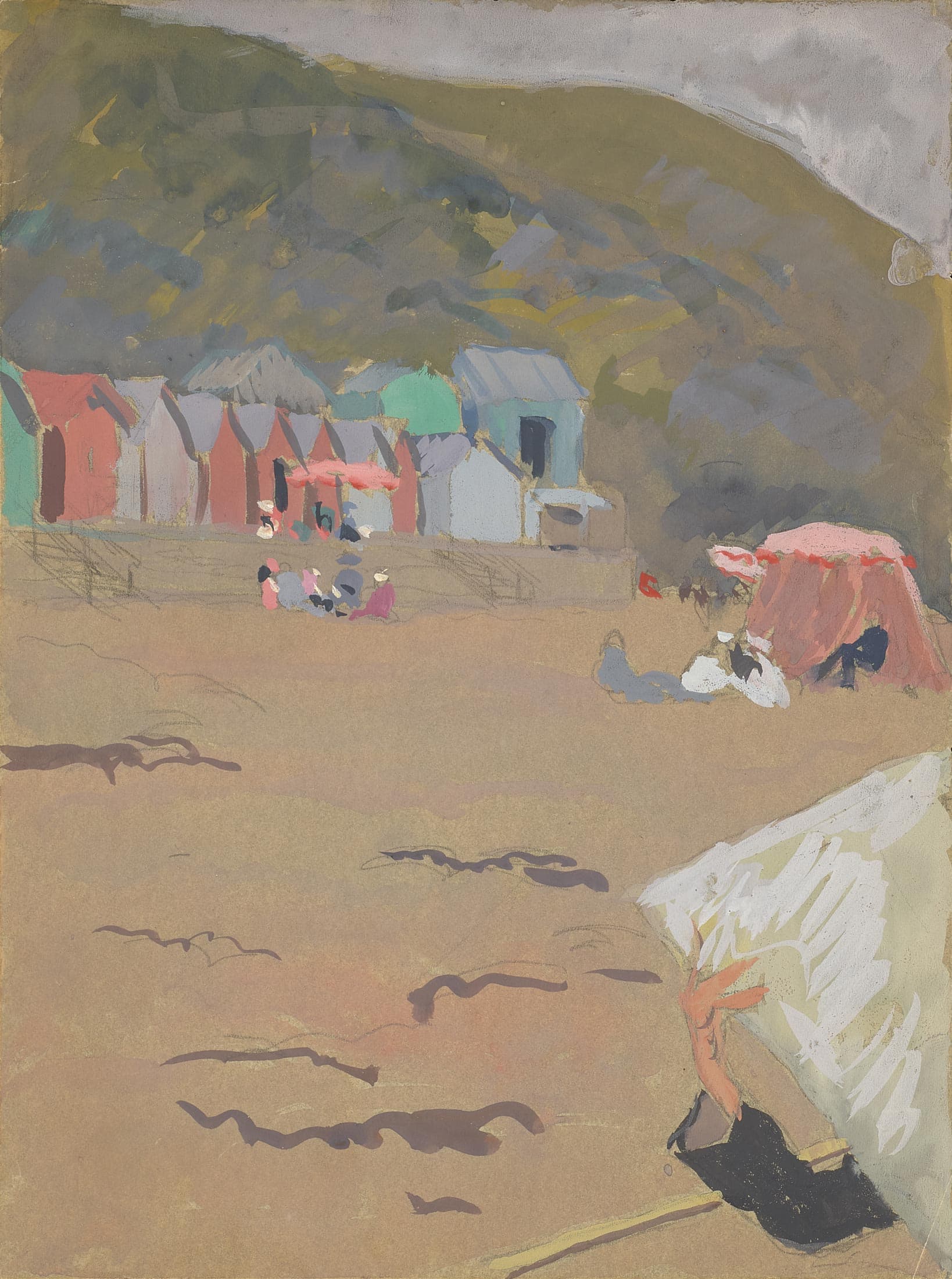 La lecture du journal ; cabines sur la plage