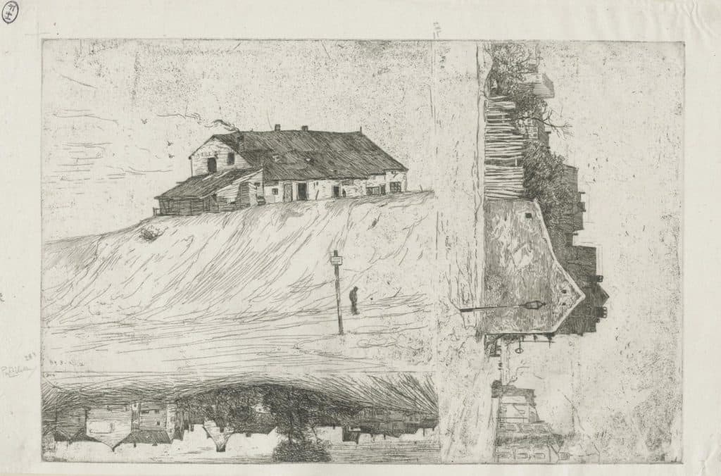 Zilcken – Chaussée de Waterloo ; vieilles maisons sur un talus ; croquis d’horizon (Bruxelles)