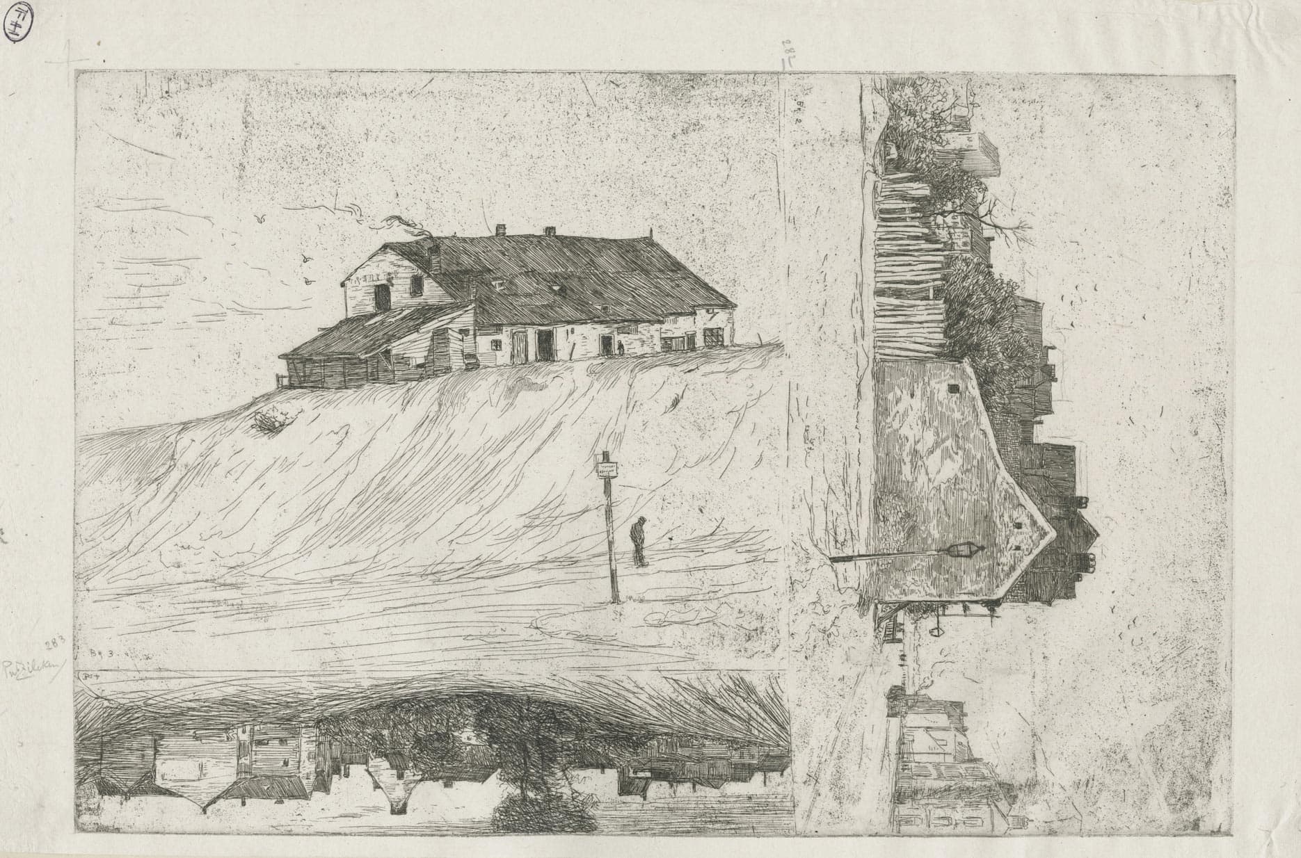 Chaussée de Waterloo ; vieilles maisons sur un talus ; croquis d’horizon (Bruxelles)