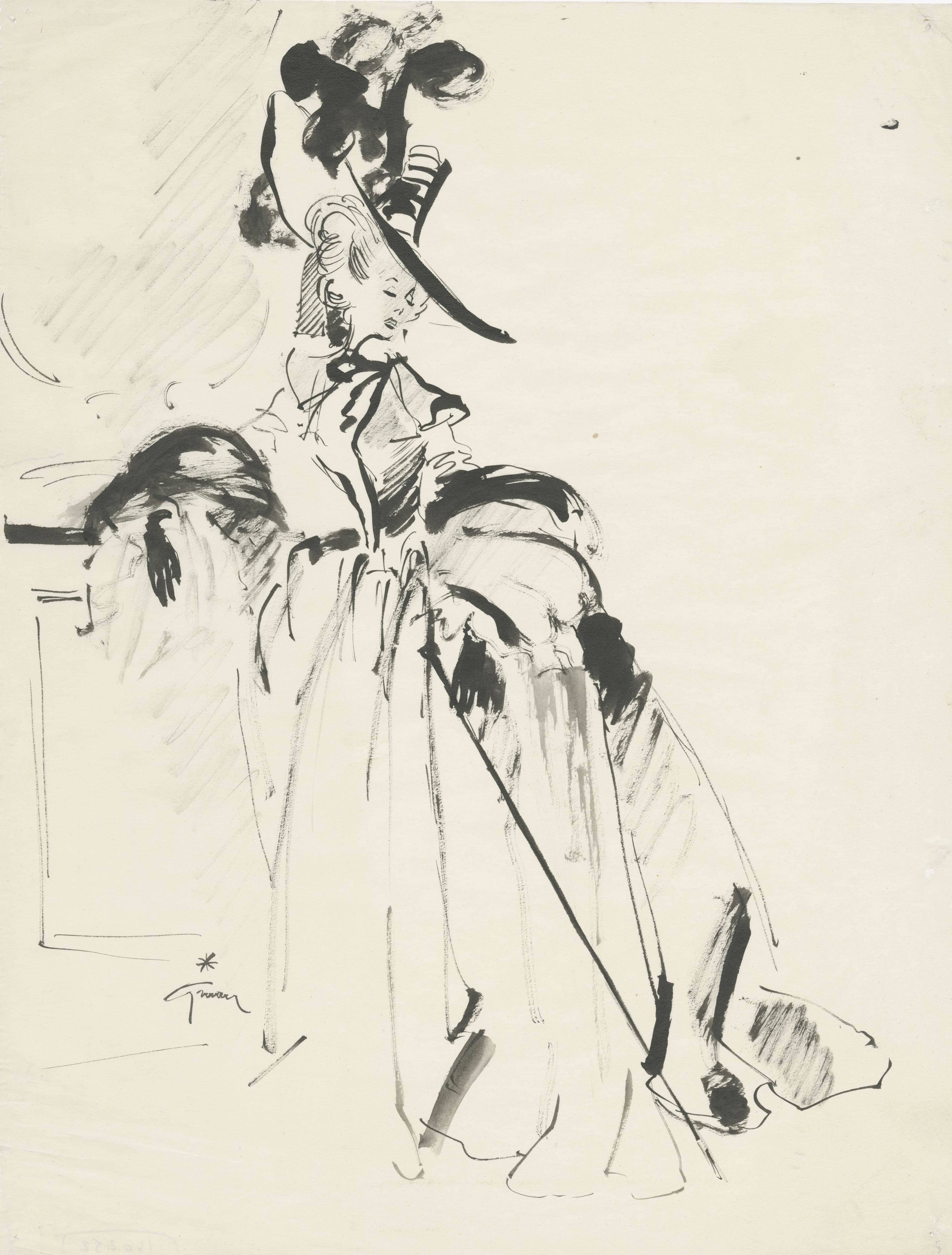 Femme en crinoline et chapeau à plumes